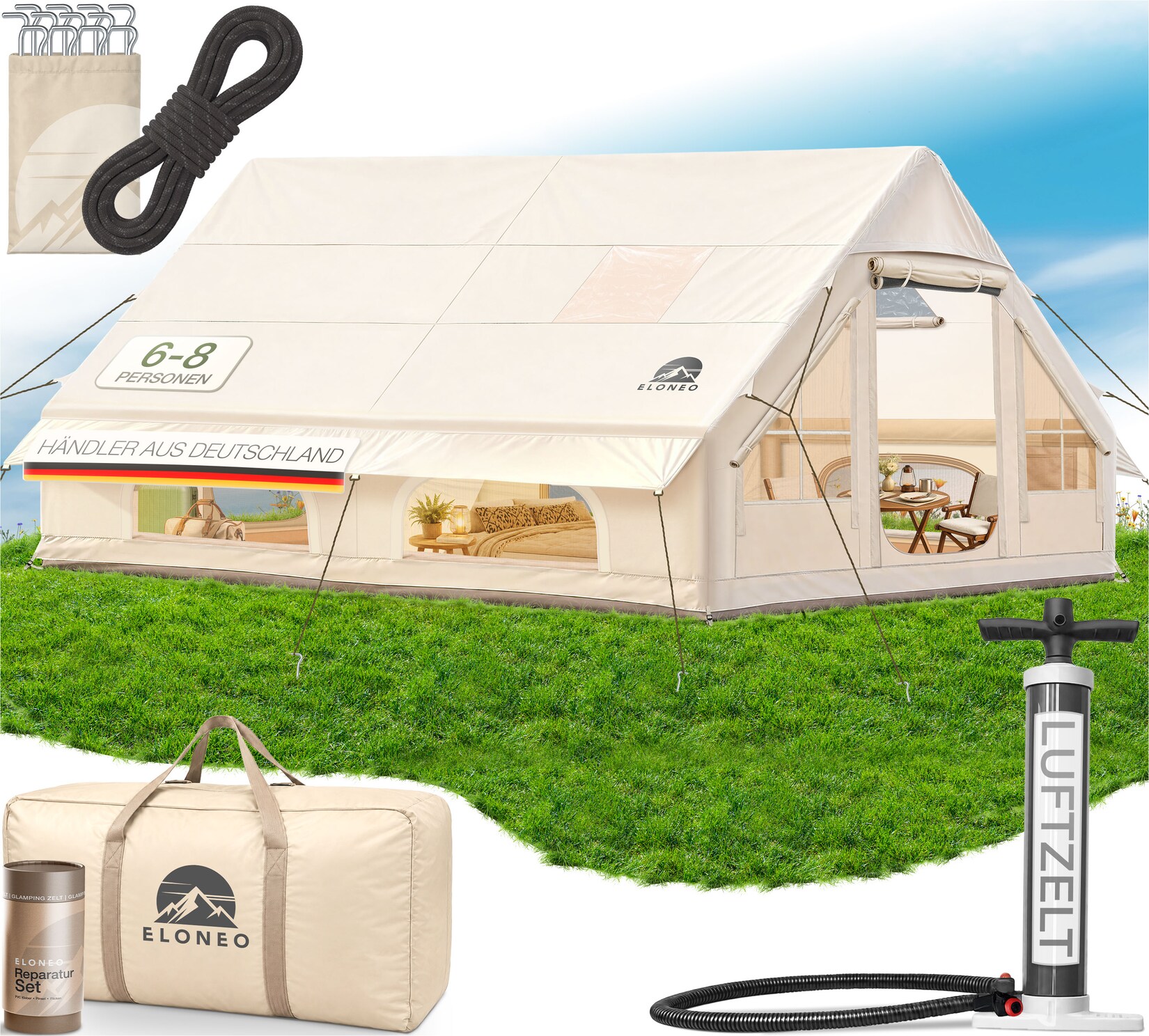 ELONEO aufblasbares Zelt für 4-8 Personen mit Dachfenster Luftpumpe Premium Glamping Zelt wasserdicht, Luftzelt, Inflatable Tent, Camping Zelt, beige