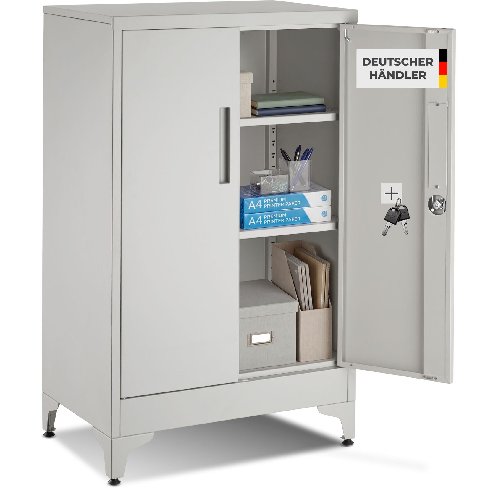 tectake® Aktenschrank, 60 x 40 x 100 cm, 2 verstellbare Zwischenböden, pulverbeschichteter Stahl, Kippschutz, höhenverstellbare Füße