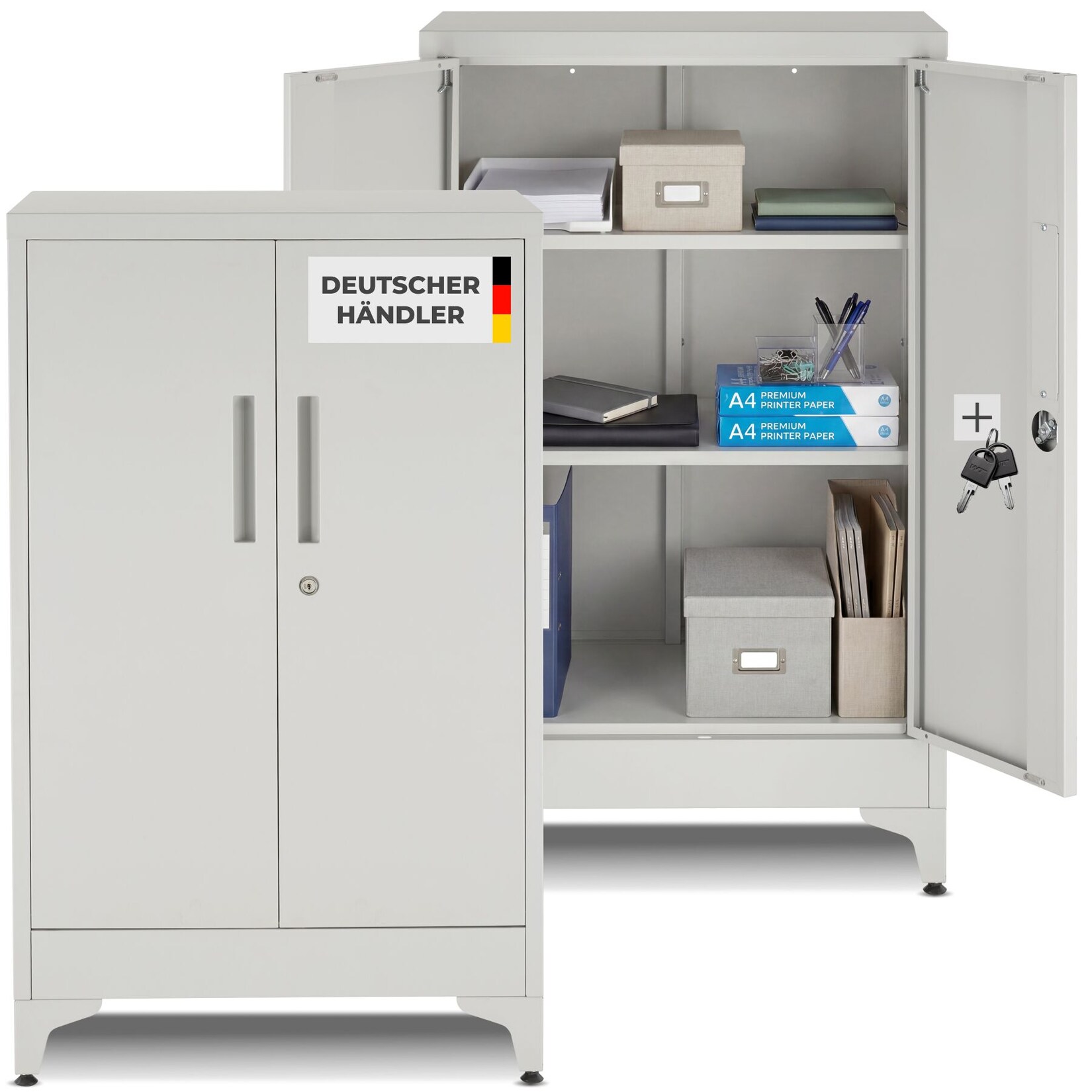 tectake® Aktenschrank, 60 x 40 x 100 cm, 2 verstellbare Zwischenböden, pulverbeschichteter Stahl, Kippschutz, höhenverstellbare Füße