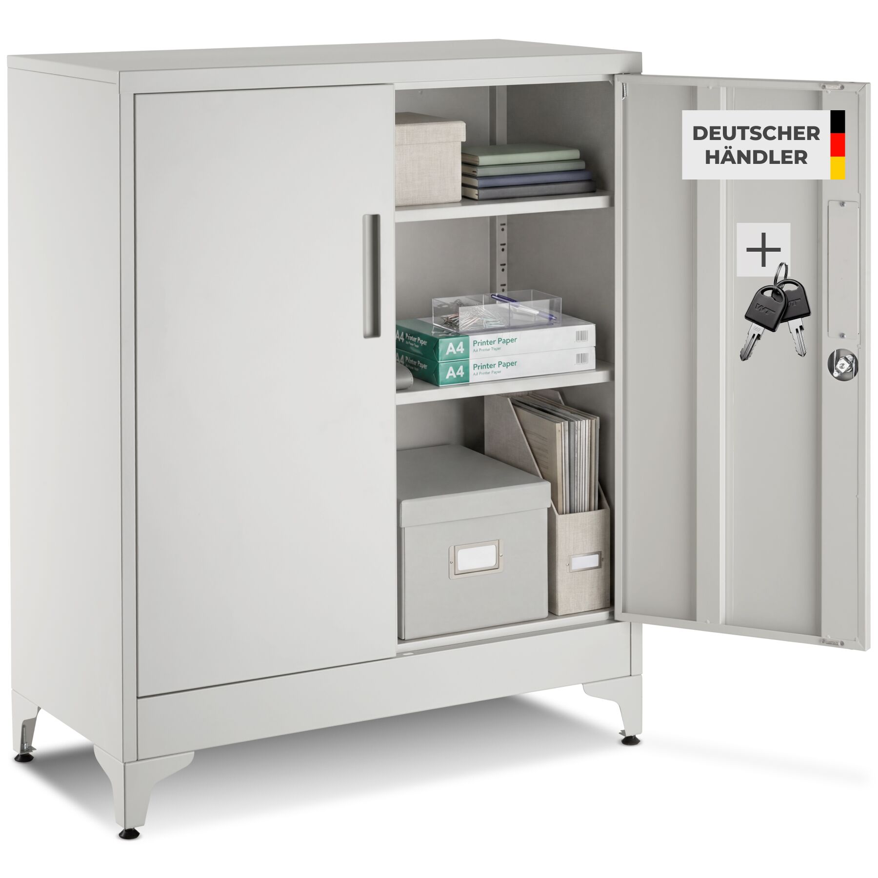 tectake&reg; Aktenschrank, 80 x 40 x 100 cm, 2 verstellbare Zwischenb&ouml;den, pulverbeschichteter Stahl, Kippschutz, h&ouml;henverstellbare F&uuml;&szlig;e - Bild 1