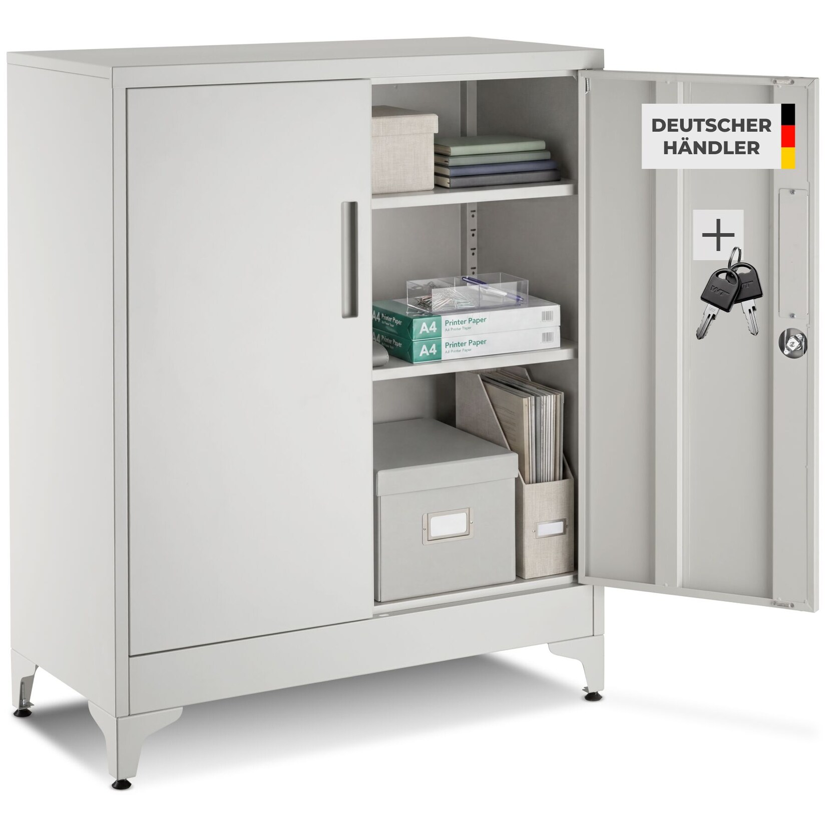 tectake® Aktenschrank, 80 x 40 x 100 cm, 2 verstellbare Zwischenböden, pulverbeschichteter Stahl, Kippschutz, höhenverstellbare Füße
