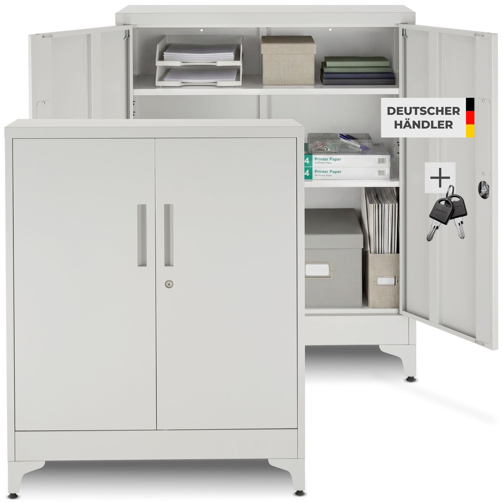 tectake® Aktenschrank, 80 x 40 x 100 cm, 2 verstellbare Zwischenböden, pulverbeschichteter Stahl, Kippschutz, höhenverstellbare Füße