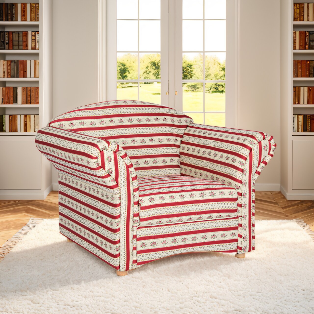 Polstersessel Loretta, ca. 110 x 84 x 84 cm &ndash; Rot gestreift & Blumenmuster - Bild 1