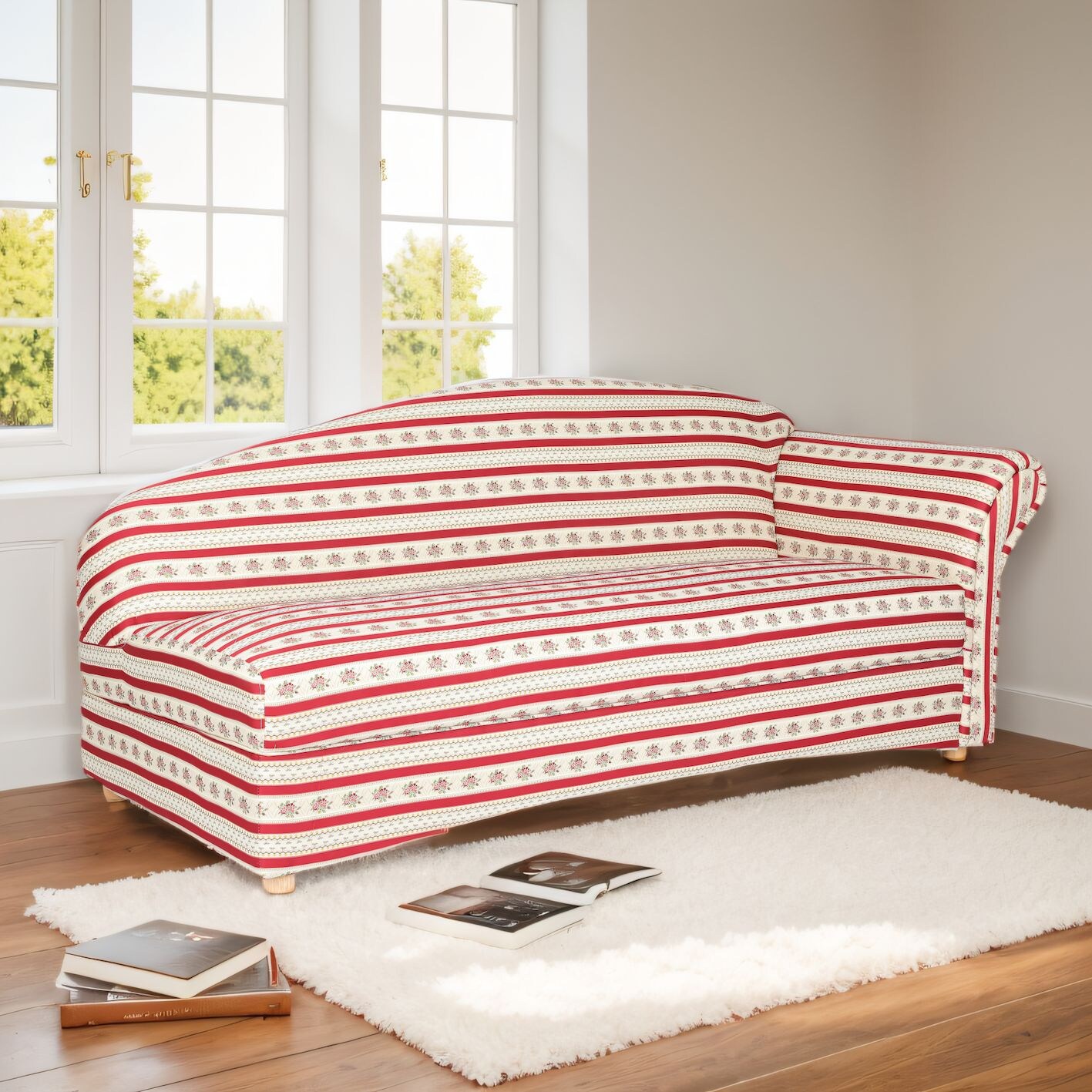 3-Sitzer Sofa Loretta mit rechter Armlehne, ca. 193 x 83 x 85 cm-Rot gestreift & Blumenmuster