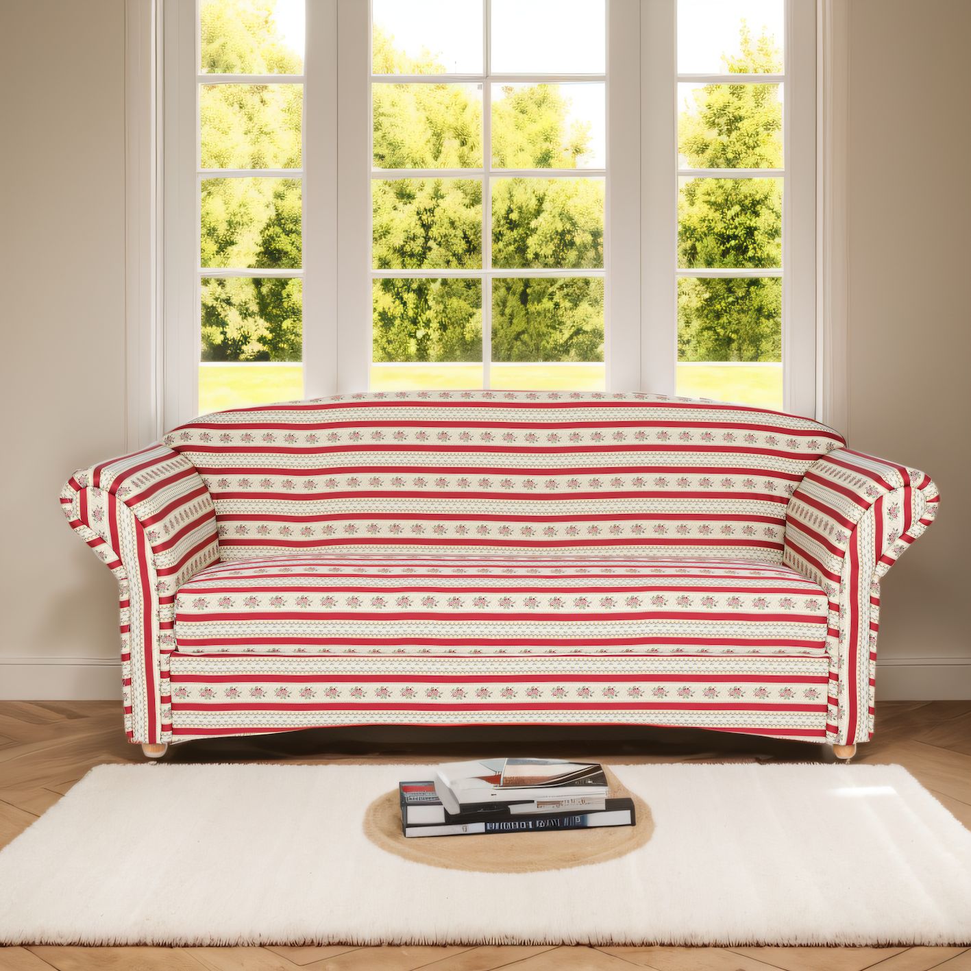 3-Sitzer Sofa Loretta, ca. 204 x 83 x 85 cm &ndash; Rot gestreift & Blumenmuster - Bild 1