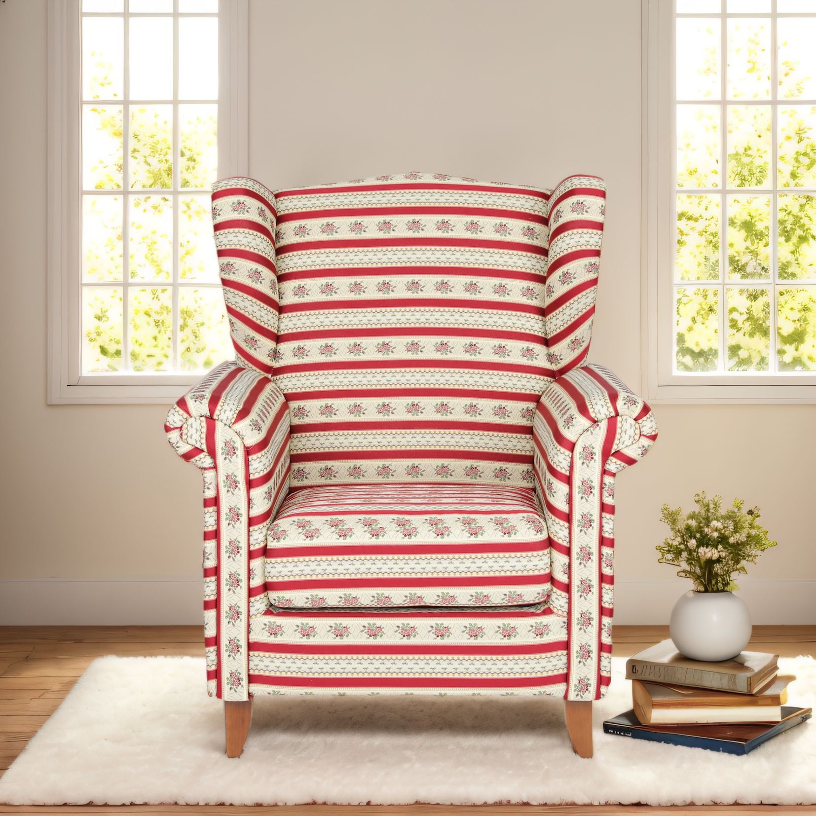 Polstersessel Loretta, ca. 86 x 81 x 105 cm &ndash; Rot gestreift & Blumenmuster - Bild 1