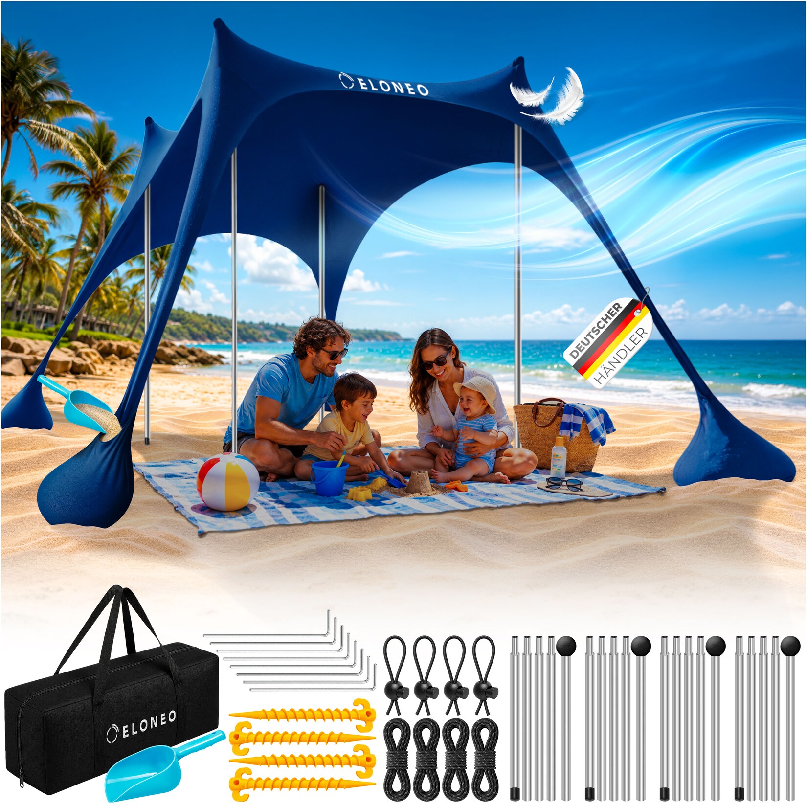 ELONEO Strandzelt, Sonnensegel Strand 300x300x200 cm, LSF 50+, Sonnenschutz für Strand mit Sandschaufel, Heringen und 4 Stabilitätsstangen, 8 Personen, Navy