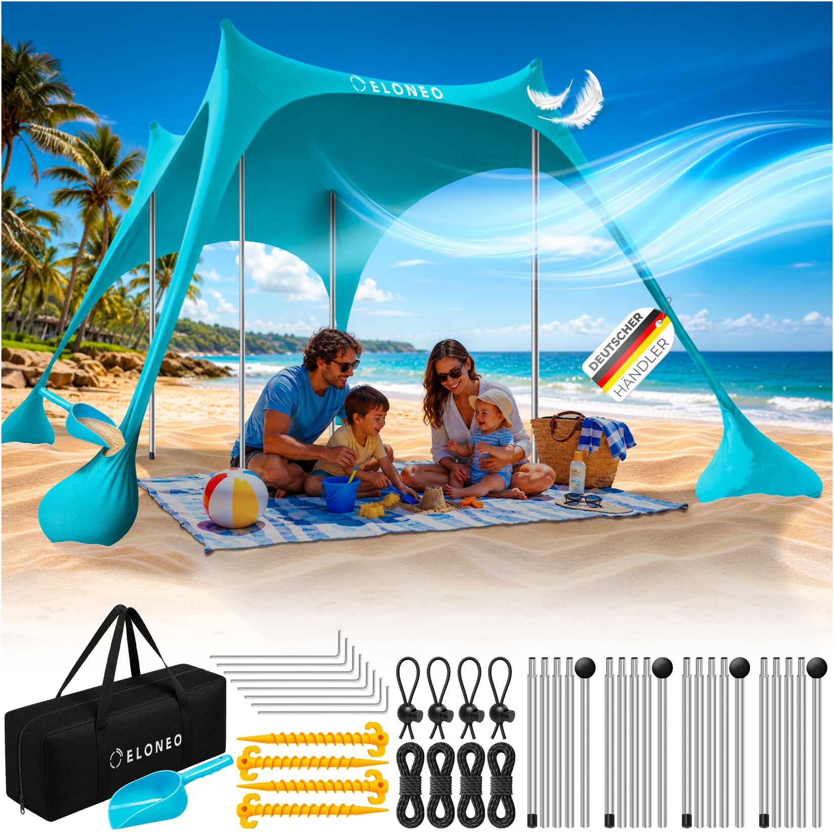 ELONEO Strandzelt, Sonnensegel Strand 228x214x200 cm, LSF 50+, Sonnenschutz für Strand mit Sandschaufel, Heringen und 4 Stabilitätsstangen, 4 Personen, Türkis