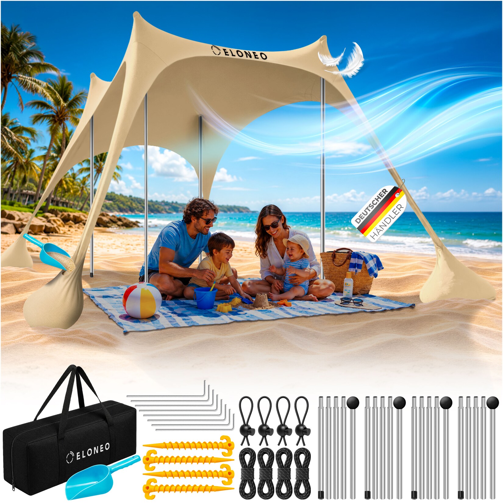 ELONEO Strandzelt, Sonnensegel Strand 228x214x200 cm, LSF 50+, Sonnenschutz für Strand mit Sandschaufel, Heringen und 4 Stabilitätsstangen, 4 Personen, Creme