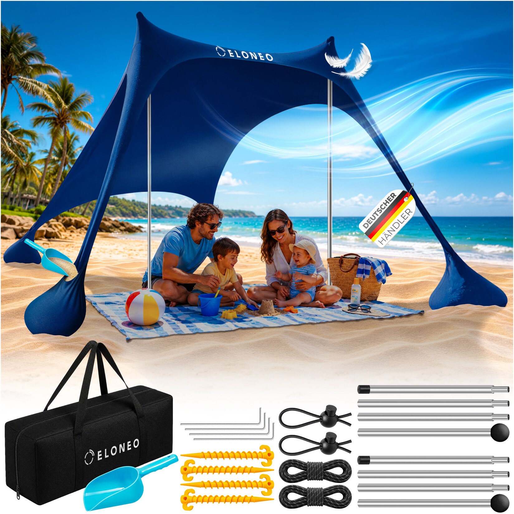 ELONEO Strandzelt, Sonnensegel Strand 200x170x150 cm, LSF 50+, Sonnenschutz für Strand mit Sandschaufel, Heringen und 2 Stabilitätsstangen, 2 Personen, Navy