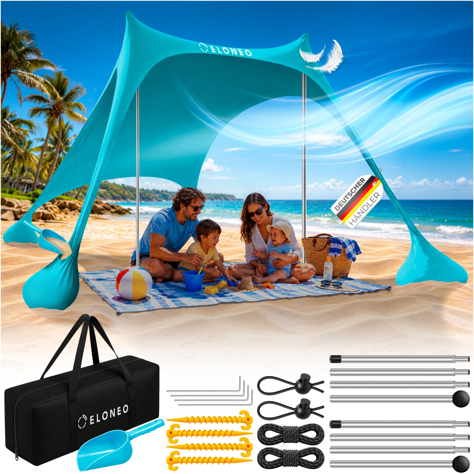 ELONEO Strandzelt, Sonnensegel Strand 200x170x150 cm, LSF 50+, Sonnenschutz für Strand mit Sandschaufel, Heringen und 2 Stabilitätsstangen, 2 Personen, Türkis