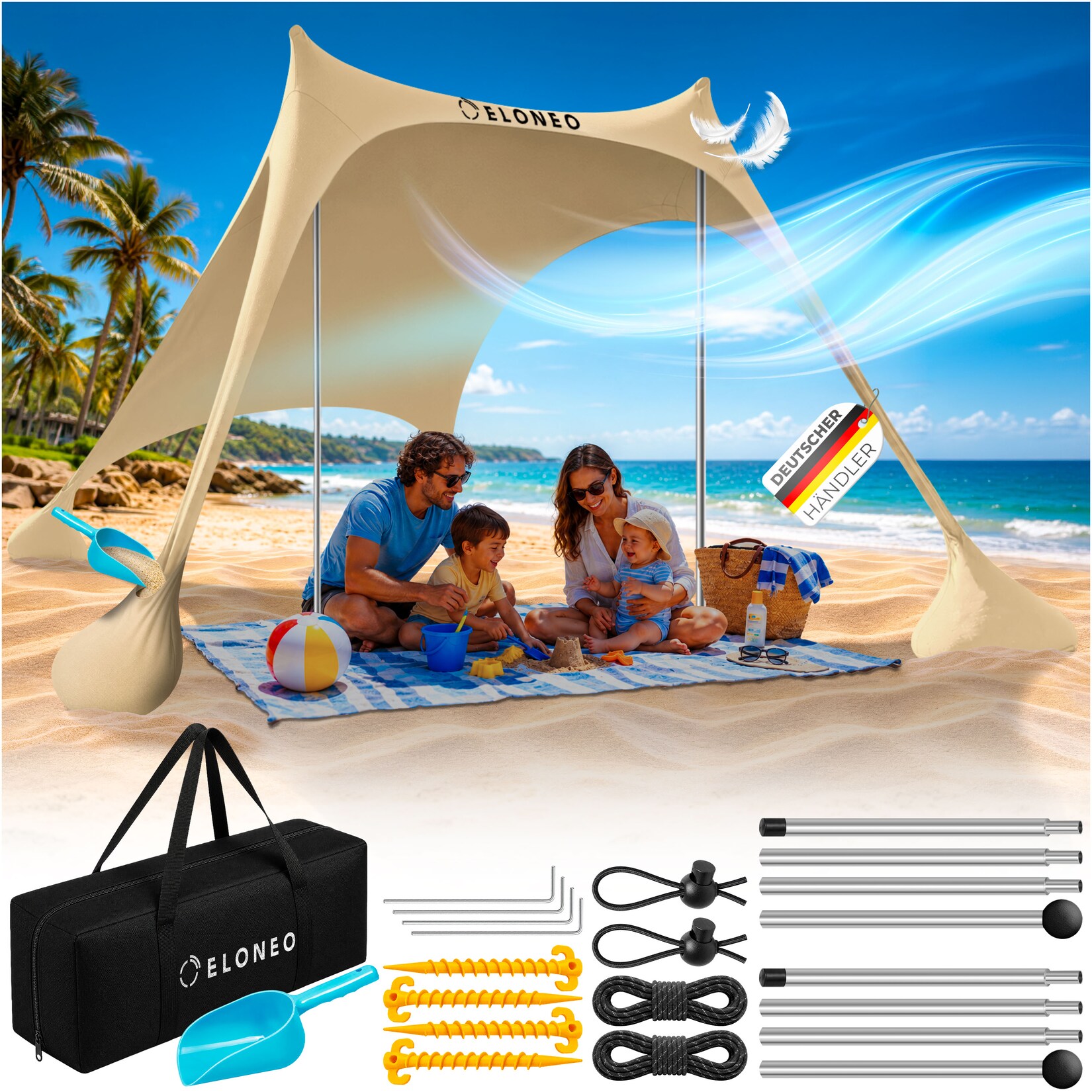ELONEO Strandzelt, Sonnensegel Strand 200x170x150 cm, LSF 50+, Sonnenschutz für Strand mit Sandschaufel, Heringen und 2 Stabilitätsstangen, 2 Personen, Creme