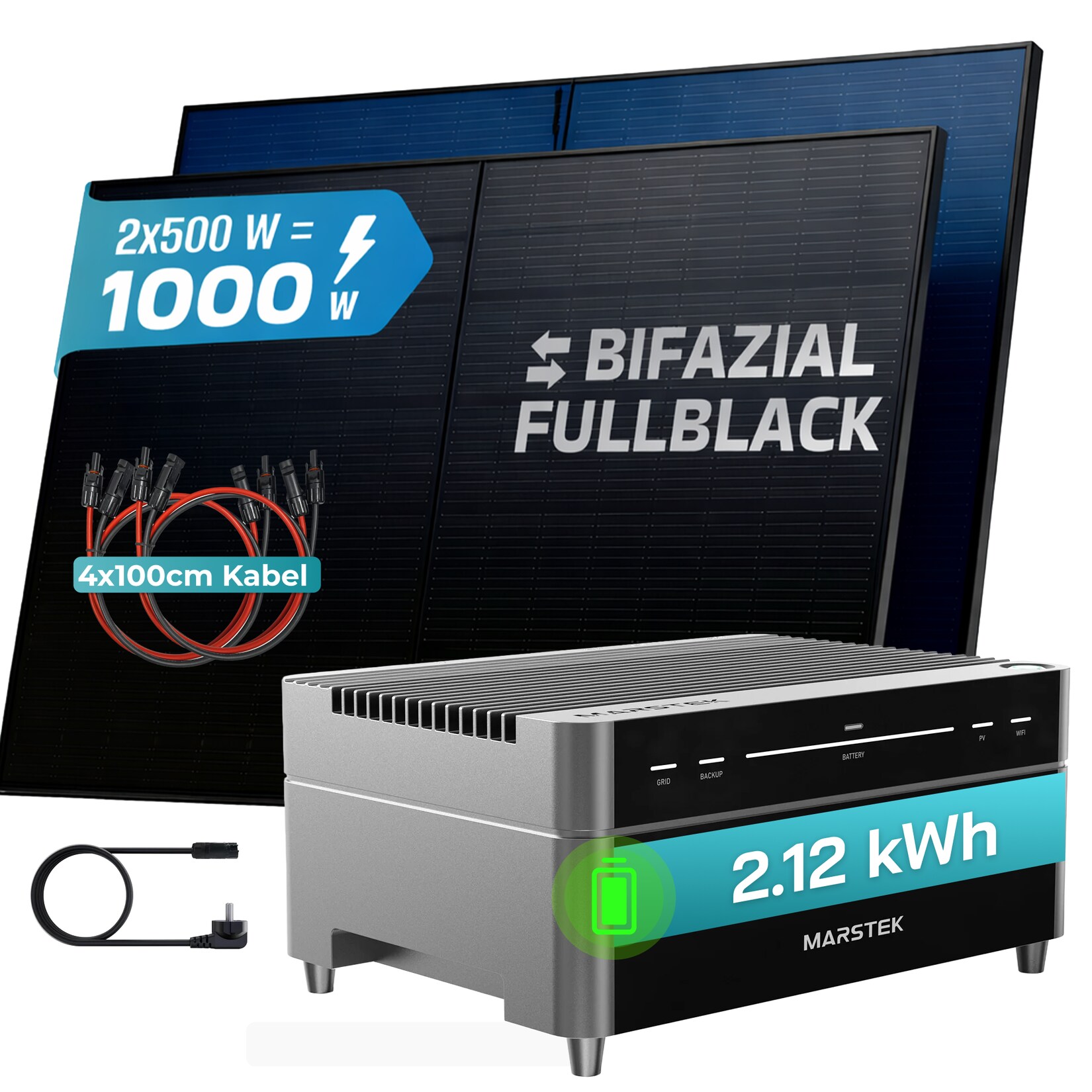 ® 1000W Balkonkraftwerk mit 2,12 kWh Speicher MARSTEK Venus A, BIFAZIAL FULLBLACK komplett Steckdose, PV Solaranlage Komplettset mit Solarspeicher, 2x 500W N-Type Glas Bifacial Module