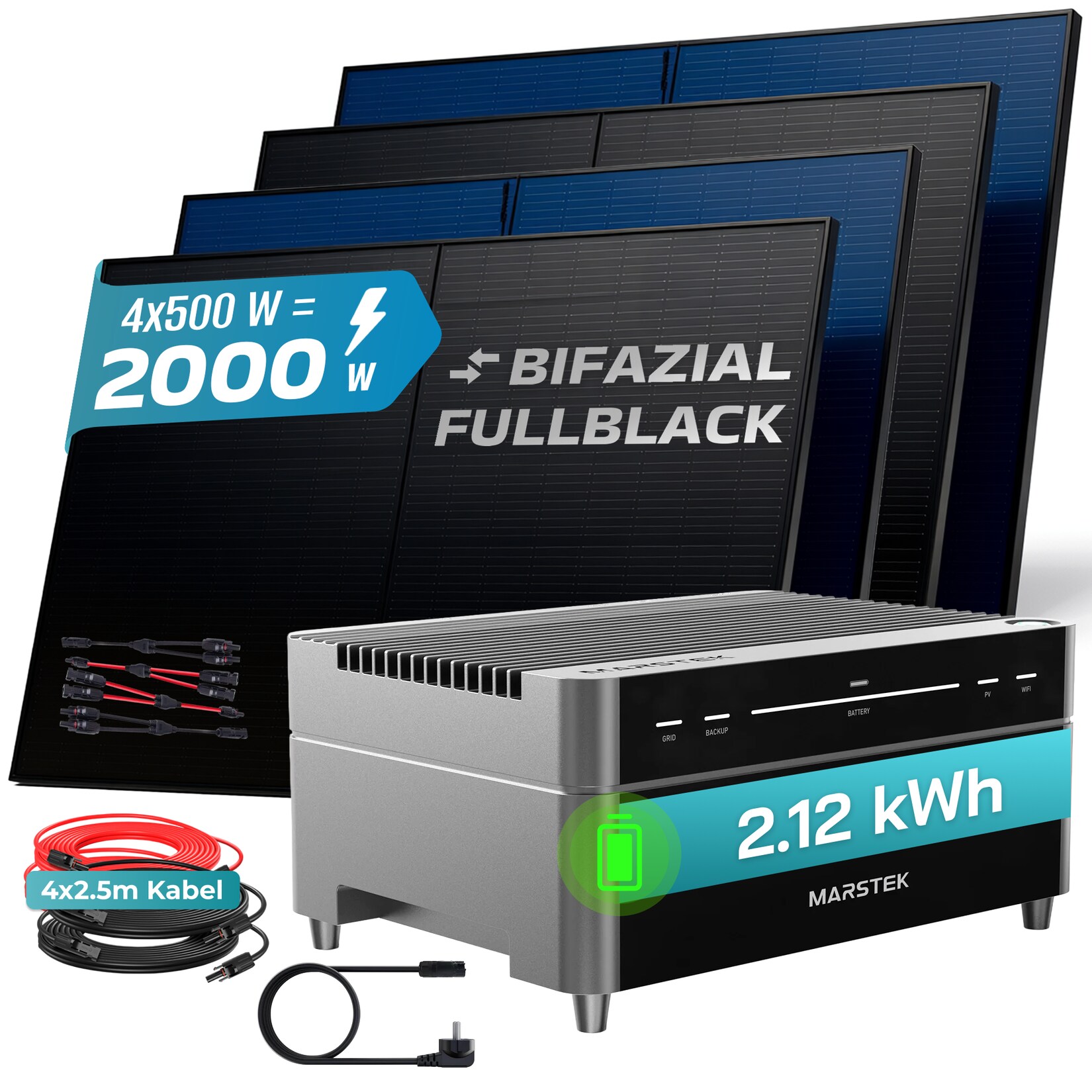 ® 2000W Balkonkraftwerk mit 2,12 kWh Speicher MARSTEK Venus A, BIFAZIAL FULLBLACK komplett Steckdose, PV Solaranlage Komplettset mit Solarspeicher, 4x 500W N-Type Glas Bifacial Module