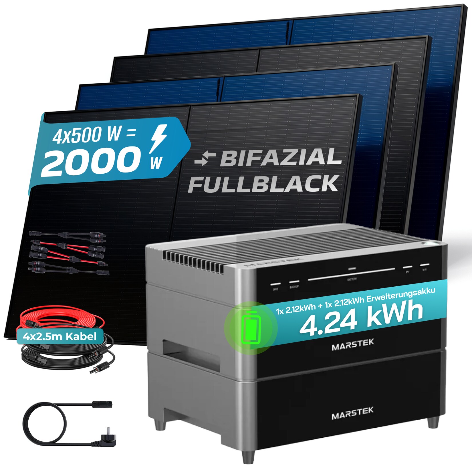 ® 2000W Balkonkraftwerk mit 4,24 kWh Speicher MARSTEK Venus A, BIFAZIAL FULLBLACK komplett Steckdose, PV Solaranlage Komplettset mit Solarspeicher, 4x 500W N-Type Glas Bifacial Module