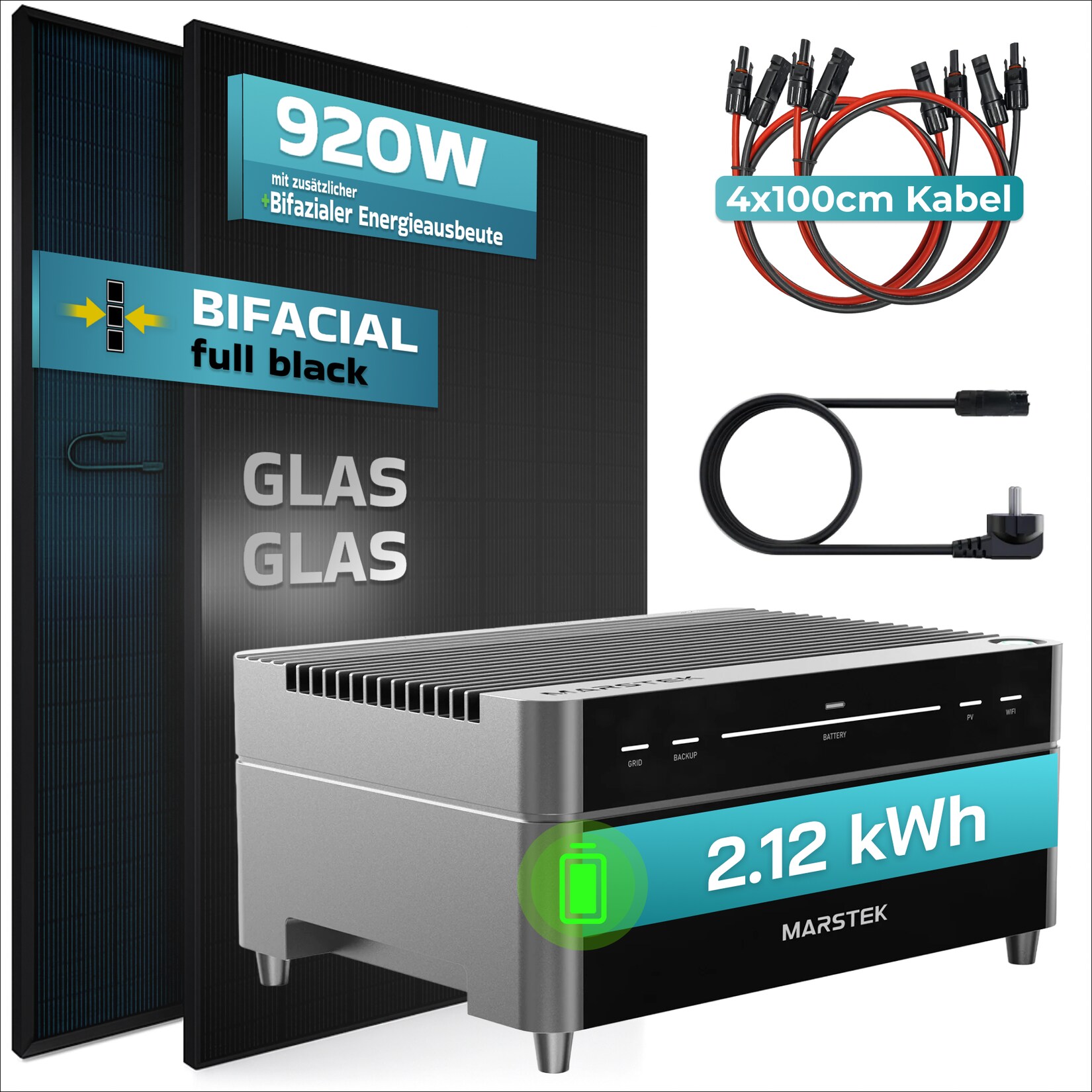® 920W Balkonkraftwerk mit 2,12 kWh Speicher Marstek Venus A, BIFAZIAL FULLBLACK komplett Steckdose, PV Solaranlage Komplettset mit Solarspeicher, 2x 460W N-Type Glas-Glas Bifacial Module