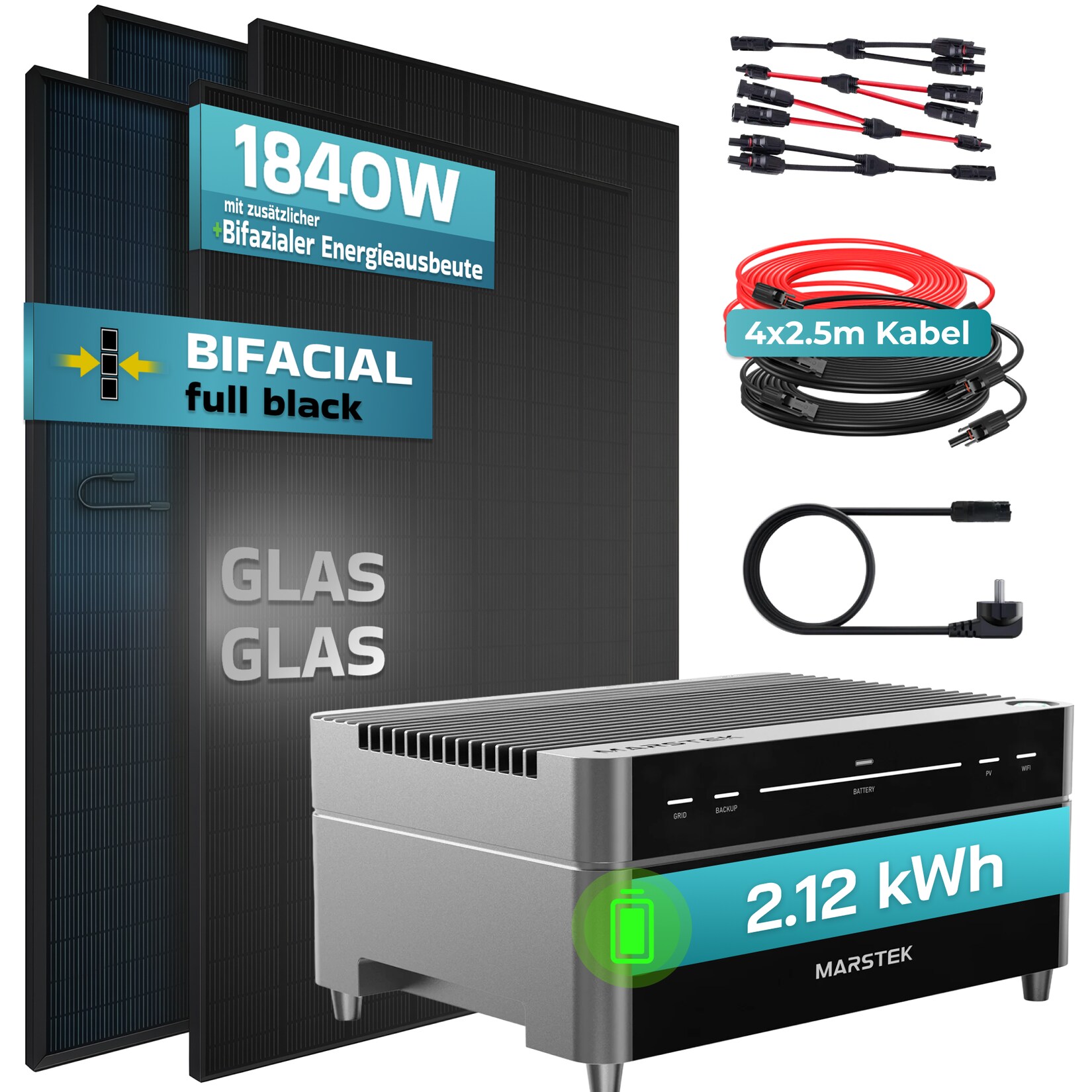 ® 1840W Balkonkraftwerk mit 2,12 kWh Speicher Marstek Venus A, BIFAZIAL FULLBLACK komplett Steckdose, PV Solaranlage Komplettset mit Solarspeicher, 4x 460W N-Type Glas-Glas Bifacial Module