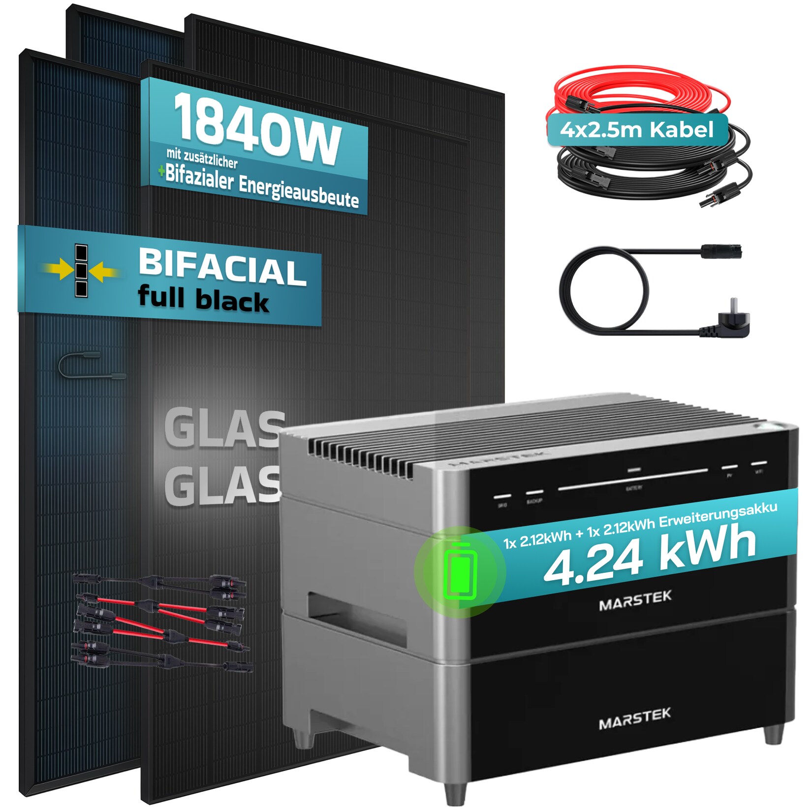 ® 1840W Balkonkraftwerk mit 4,24 kWh Speicher Marstek Venus A, BIFAZIAL FULLBLACK komplett Steckdose, PV Solaranlage Komplettset mit Solarspeicher, 4x 460W N-Type Glas-Glas Bifacial Module