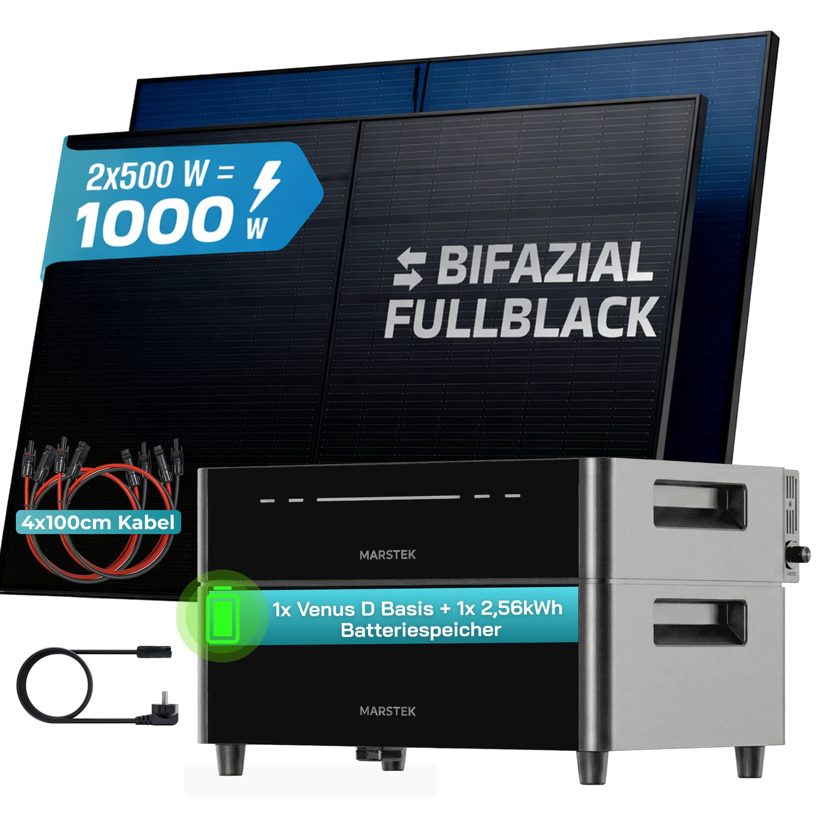 ® 1000W Balkonkraftwerk mit 2,56 kWh Speicher MARSTEK Venus D, BIFAZIAL FULLBLACK komplett Steckdose, PV Solaranlage Komplettset mit Solarspeicher, 2x 500W N-Type Glas Bifacial Module