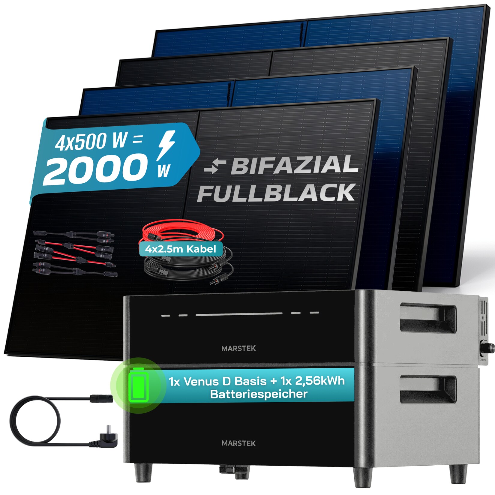 ® 2000W Balkonkraftwerk mit 2,56 kWh Speicher MARSTEK Venus D, BIFAZIAL FULLBLACK komplett Steckdose, PV Solaranlage Komplettset mit Solarspeicher, 4x 500W N-Type Glas Bifacial Module