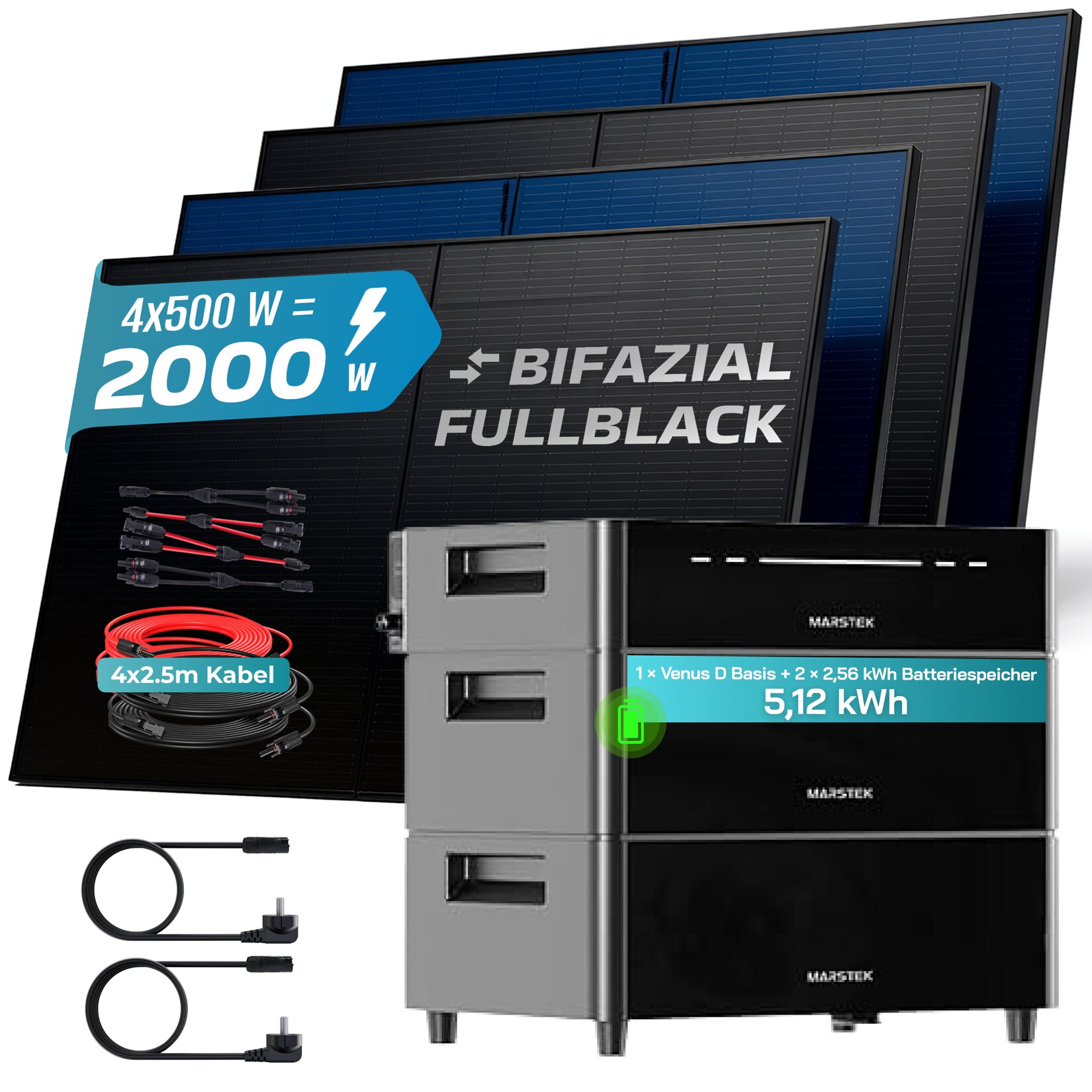 ® 2000W Balkonkraftwerk mit 5,12 kWh Speicher MARSTEK Venus D, BIFAZIAL FULLBLACK komplett Steckdose, PV Solaranlage Komplettset mit Solarspeicher, 4x 500W N-Type Glas Bifacial Module