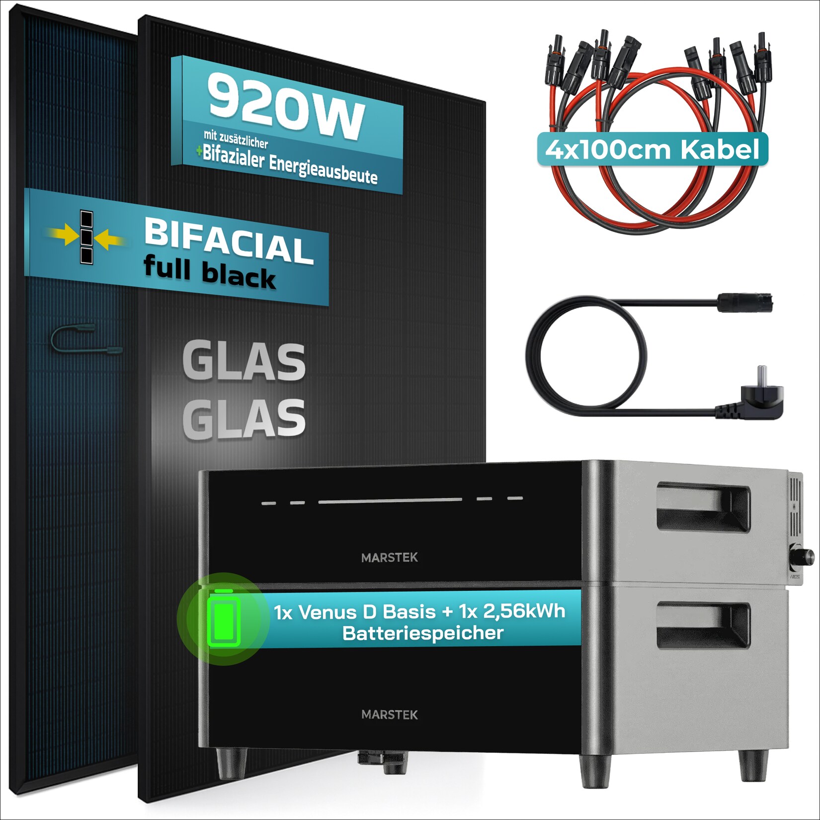 ® 920W Balkonkraftwerk mit 2,56 kWh Speicher Marstek Venus D, BIFAZIAL FULLBLACK komplett Steckdose, PV Solaranlage Komplettset mit Solarspeicher, 2x 460W N-Type Glas-Glas Bifacial Module