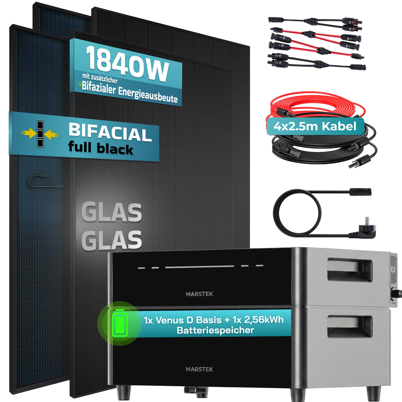 ® 1840W Balkonkraftwerk mit 2,56 kWh Speicher Marstek Venus D, BIFAZIAL FULLBLACK komplett Steckdose, PV Solaranlage Komplettset mit Solarspeicher, 4x 460W N-Type Glas-Glas Bifacial Module