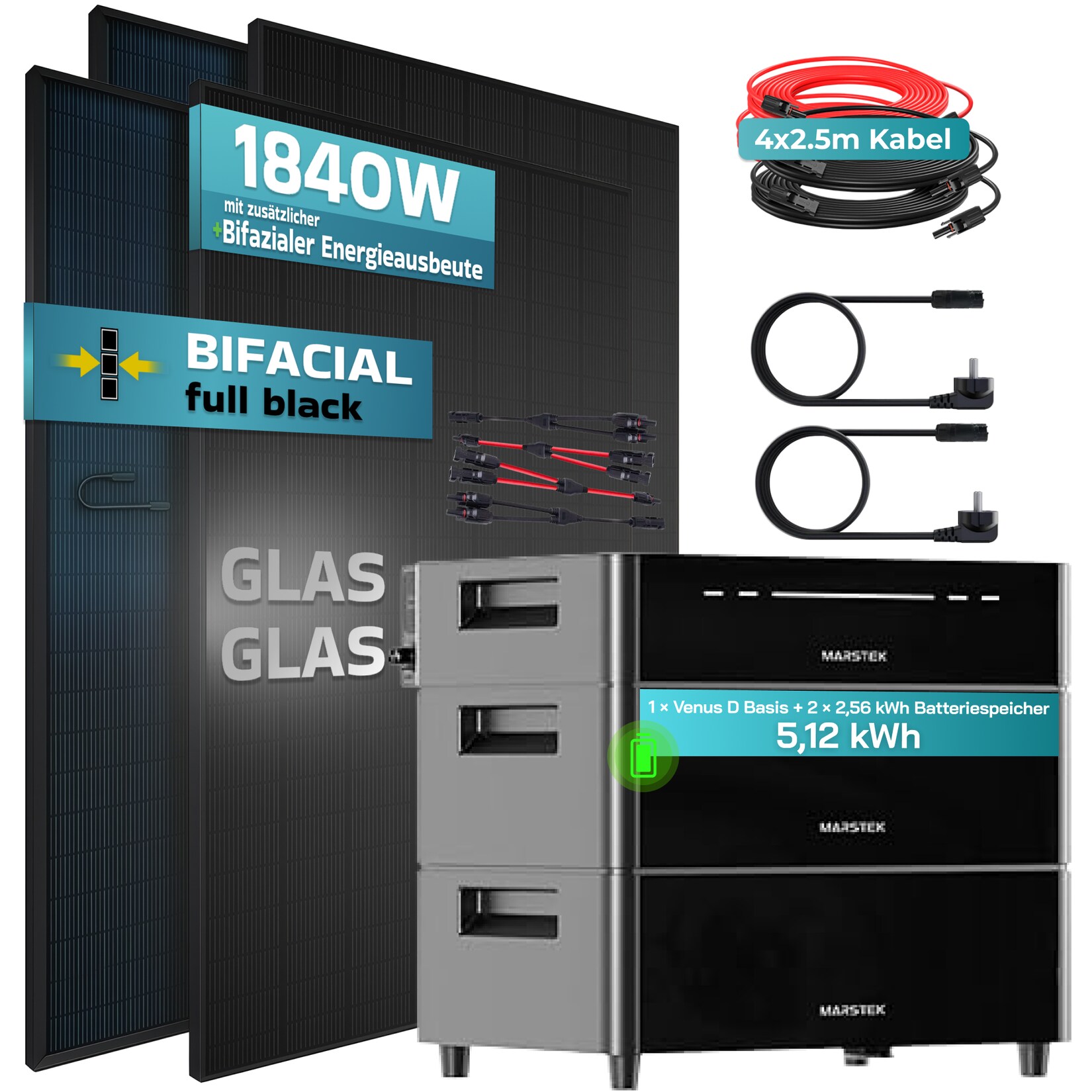 ® 1840W Balkonkraftwerk mit 5,12 kWh Speicher Marstek Venus D, BIFAZIAL FULLBLACK komplett Steckdose, PV Solaranlage Komplettset mit Solarspeicher, 4x 460W N-Type Glas-Glas Bifacial Module