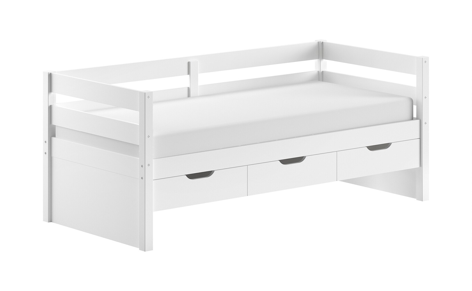Funktions-Kojen Bett mit Umrandung, 3 Schubladen u. Rolllattenrost, Liegefläche 90 x 200, Ausf. Weiß lackiert