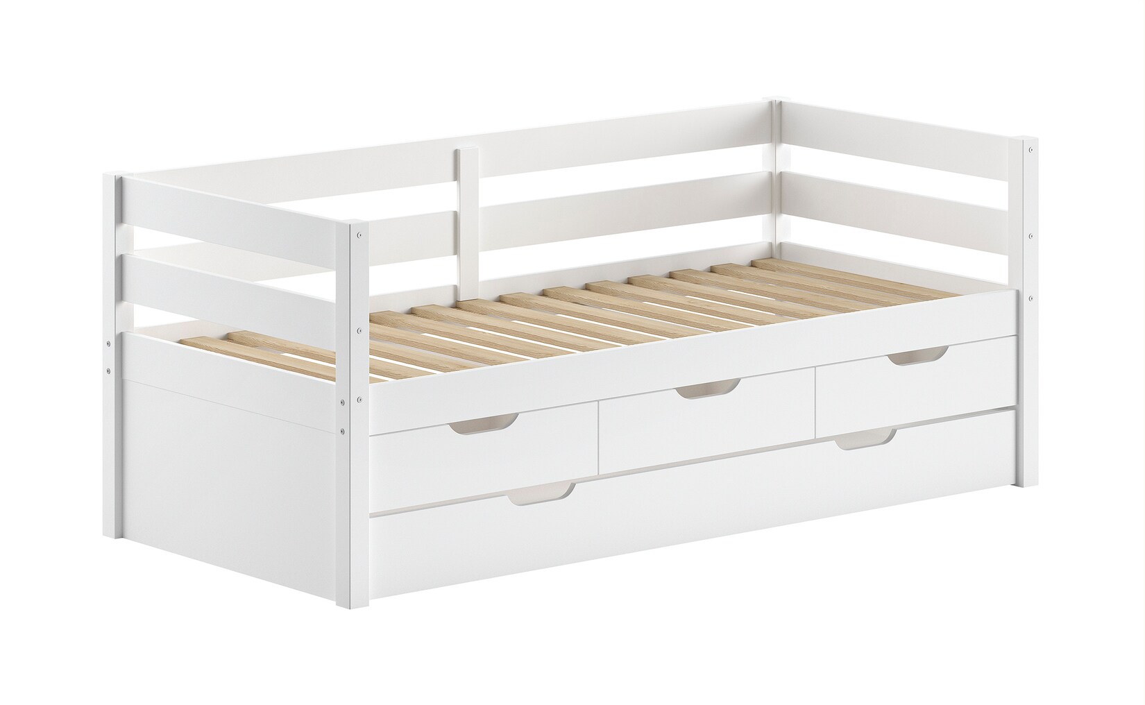 Funktions-Kojen Bett mit Umrandung, 3 Schubladen, Rolllattenrost, Liegefläche 90 x 200, inkl. Bettschublade, Ausf. Weiß lackiert