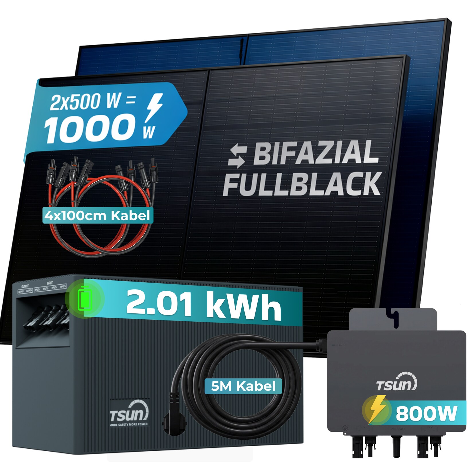 ® 1000W Balkonkraftwerk mit 2,01 kWh Speicher TSUN SOLARCAN  TSOL-DCU2000Lite, BIFAZIAL FULLBLACK komplett Steckdose, PV Solaranlage Komplettset mit Solarspeicher, 2x 500W Glas-Bifacial