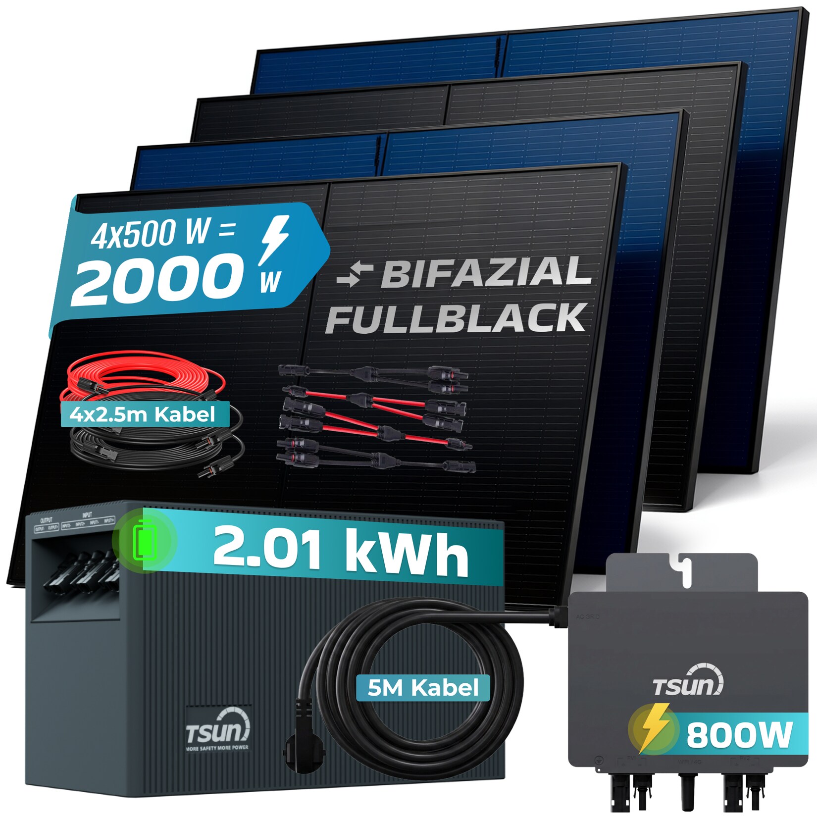 ® 2000W Balkonkraftwerk mit 2,01 kWh Speicher TSUN SOLARCAN  TSOL-DCU2000Lite, BIFAZIAL FULLBLACK komplett Steckdose, PV Solaranlage Komplettset mit Solarspeicher, 4x 500W Glas-Bifacial