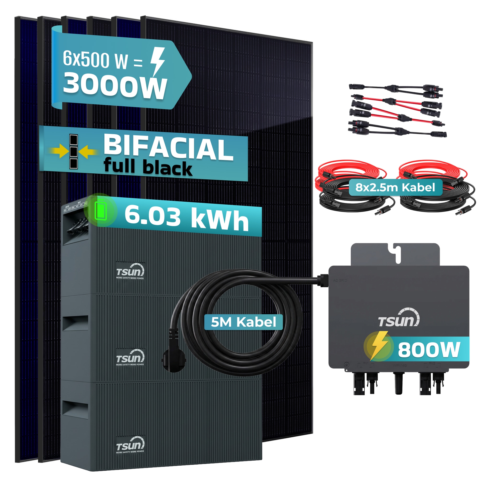 SUNNIVA&reg; 3000W Balkonkraftwerk mit 6,03 kWh Speicher TSUN SOLARCAN  TSOL-DCU2000Lite, BIFAZIAL FULLBLACK komplett Steckdose, PV Solaranlage Komplettset mit Solarspeicher, 6x 500W Glas-Bifacial - Bild 1