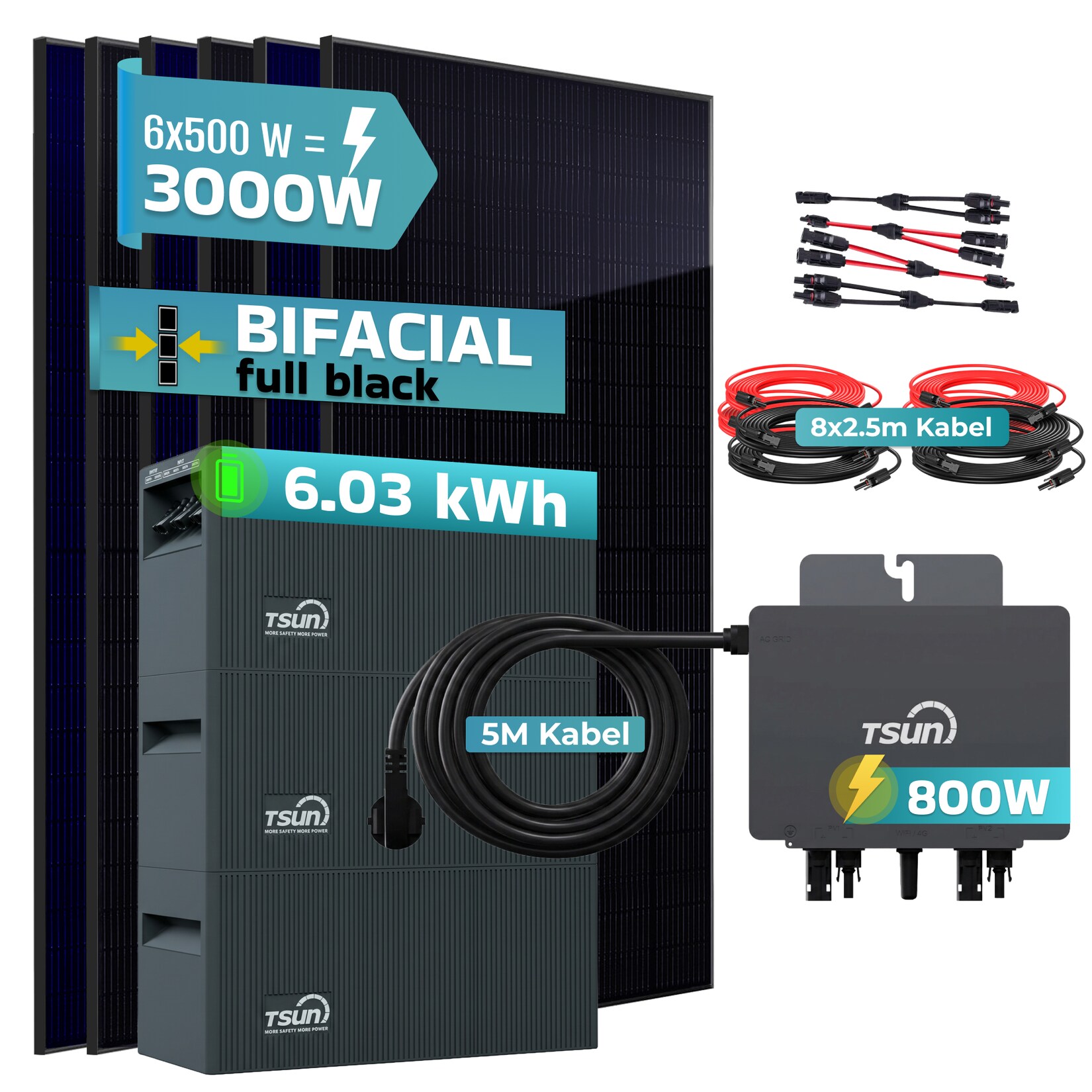 ® 3000W Balkonkraftwerk mit 6,03 kWh Speicher TSUN SOLARCAN  TSOL-DCU2000Lite, BIFAZIAL FULLBLACK komplett Steckdose, PV Solaranlage Komplettset mit Solarspeicher, 6x 500W Glas-Bifacial