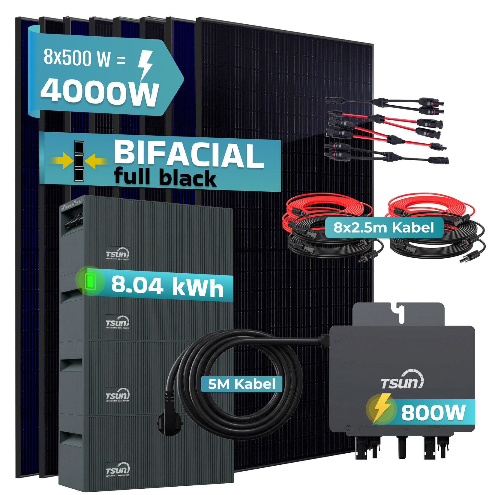 ® 4000W Balkonkraftwerk mit 8,04 kWh Speicher TSUN SOLARCAN  TSOL-DCU2000Lite, BIFAZIAL FULLBLACK komplett Steckdose, PV Solaranlage Komplettset mit Solarspeicher, 8x 500W Glas-Bifacial