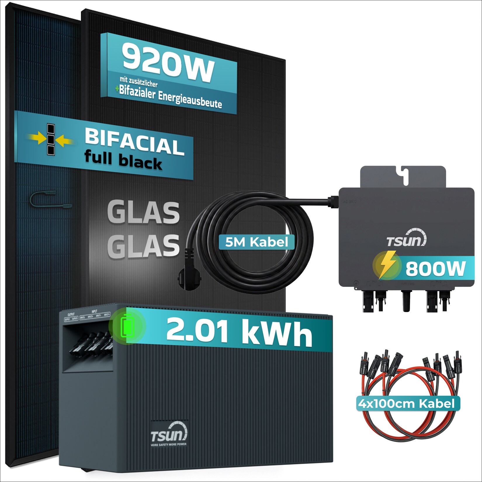 ® 920W Balkonkraftwerk mit 2,01 kWh Speicher TSUN SOLARCAN TSOL-DCU2000Lite, BIFAZIAL FULLBLACK komplett Steckdose, PV Solaranlage Komplettset mit Solarspeicher, 2x 460W Glas-Glas Bifacial