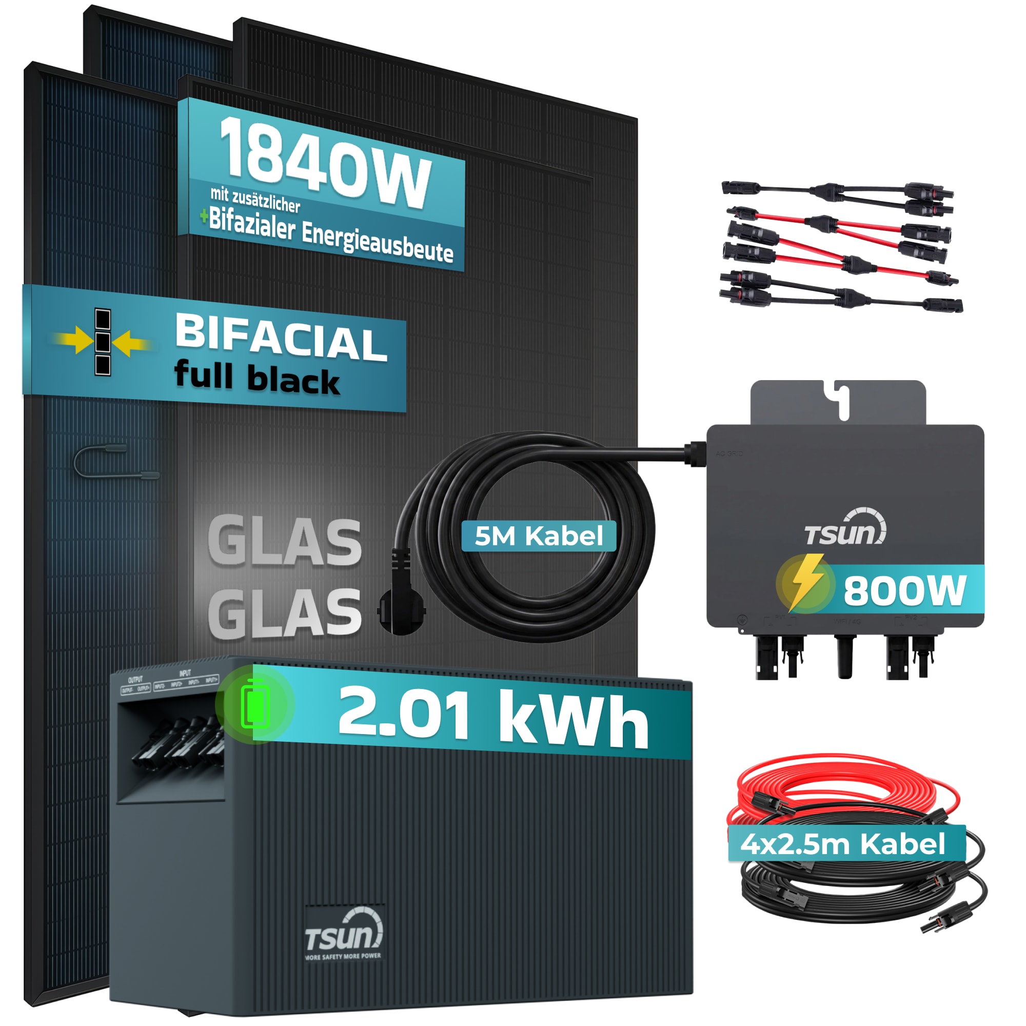 SUNNIVA&reg; 1840W Balkonkraftwerk mit 2,01 kWh Speicher TSUN SOLARCAN TSOL-DCU2000Lite, BIFAZIAL FULLBLACK komplett Steckdose, PV Solaranlage Komplettset mit Solarspeicher, 4x 460W Glas-Glas Bifacial - Bild 1