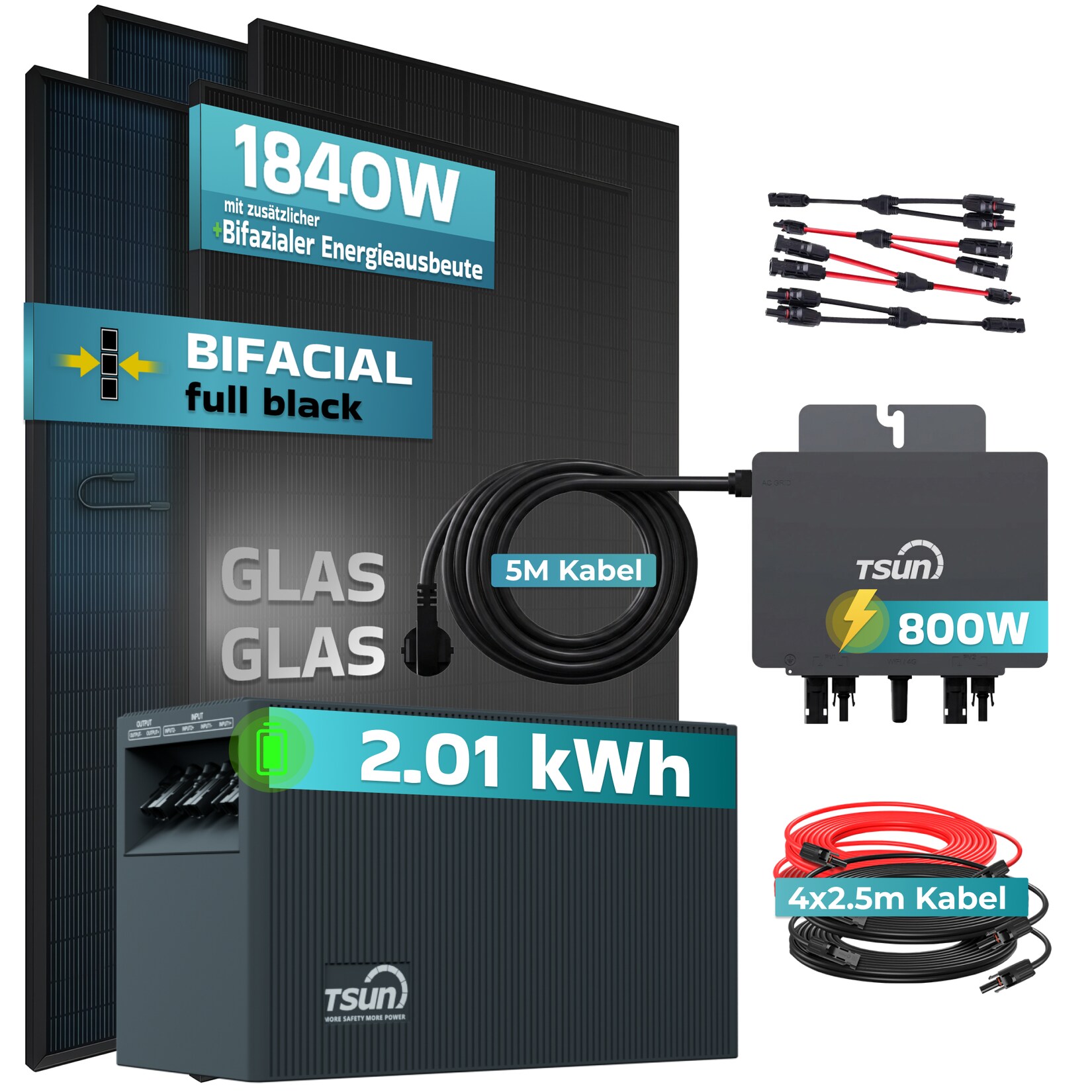 ® 1840W Balkonkraftwerk mit 2,01 kWh Speicher TSUN SOLARCAN TSOL-DCU2000Lite, BIFAZIAL FULLBLACK komplett Steckdose, PV Solaranlage Komplettset mit Solarspeicher, 4x 460W Glas-Glas Bifacial