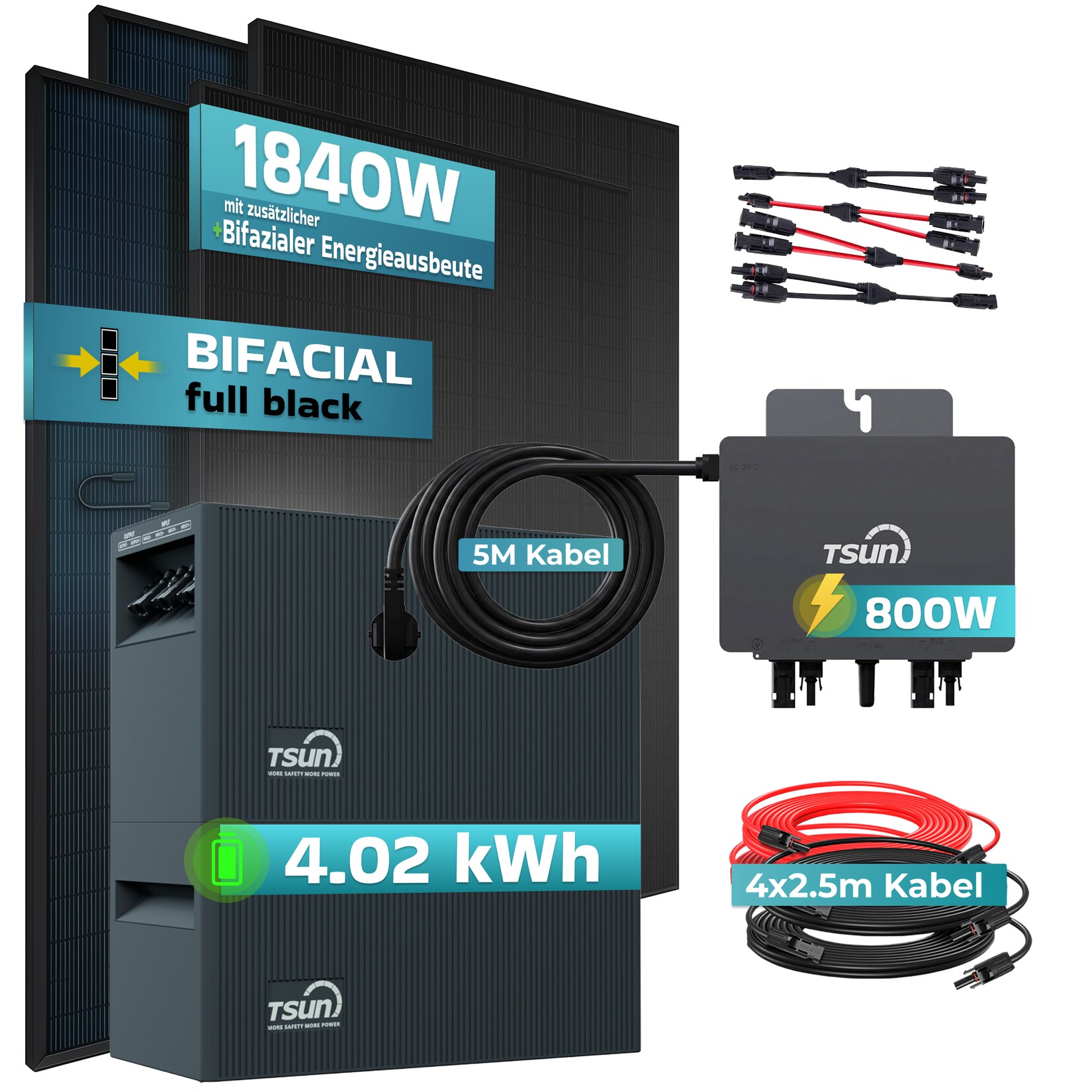 ® 1840W Balkonkraftwerk mit 4,02 kWh Speicher TSUN SOLARCAN TSOL-DCU2000Lite, BIFAZIAL FULLBLACK komplett Steckdose, PV Solaranlage Komplettset mit Solarspeicher, 4x 460W Glas-Glas Bifacial