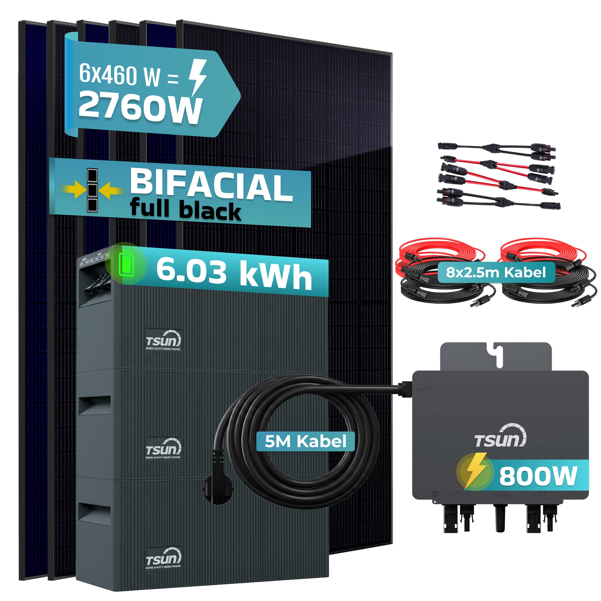 SUNNIVA&reg; 2760W Balkonkraftwerk mit 6,03 kWh Speicher TSUN SOLARCAN TSOL-DCU2000Lite, BIFAZIAL FULLBLACK komplett Steckdose, PV Solaranlage Komplettset mit Solarspeicher, 6x 460W Glas-Glas Bifacial - Bild 1