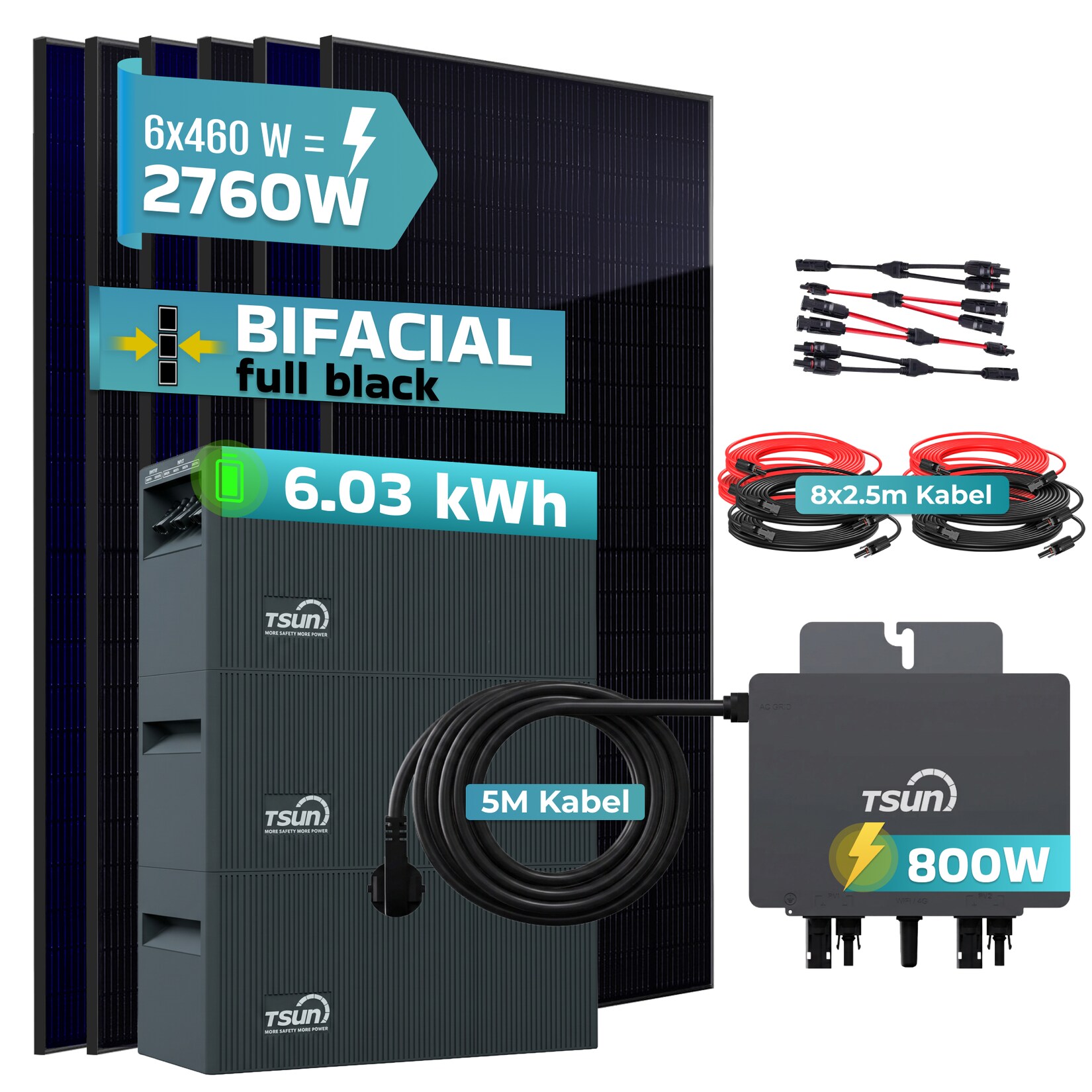 ® 2760W Balkonkraftwerk mit 6,03 kWh Speicher TSUN SOLARCAN TSOL-DCU2000Lite, BIFAZIAL FULLBLACK komplett Steckdose, PV Solaranlage Komplettset mit Solarspeicher, 6x 460W Glas-Glas Bifacial