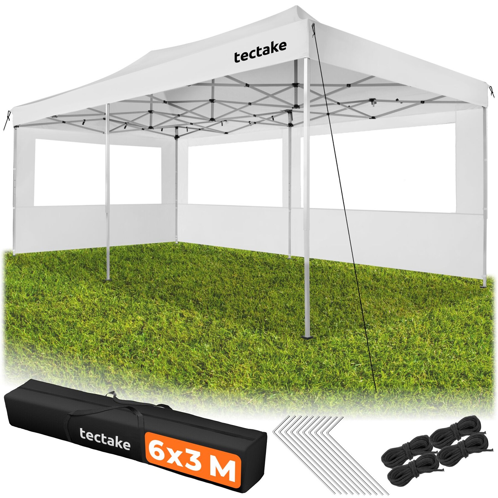 tectake® Aluminium Faltpavillon, 6 x 3 m, wasserdicht, höhenverstellbar, inklusive Spannseilen, Heringen und Tragetasche