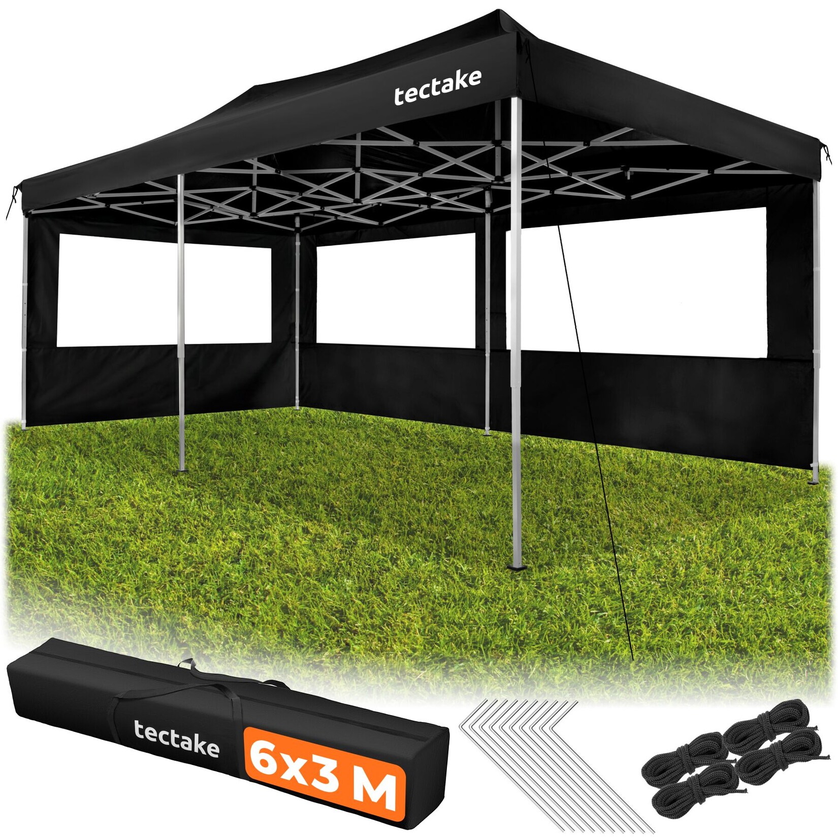 tectake® Aluminium Faltpavillon, 6 x 3 m, wasserdicht, höhenverstellbar, inklusive Spannseilen, Heringen und Tragetasche