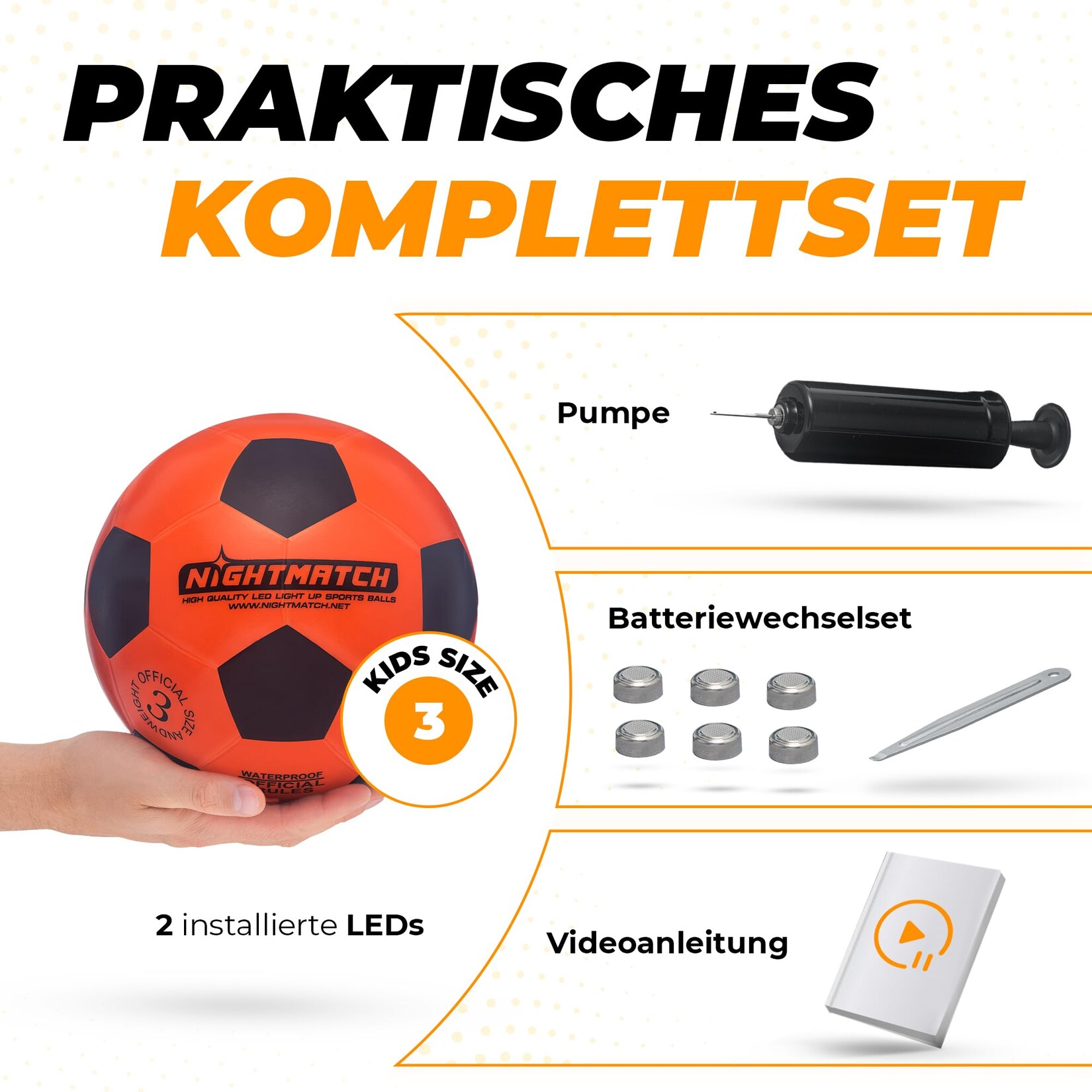 NightMatch Fußball Gr. 3 schwarz/orangeinkl. Pumpe & Ersatzbatterien