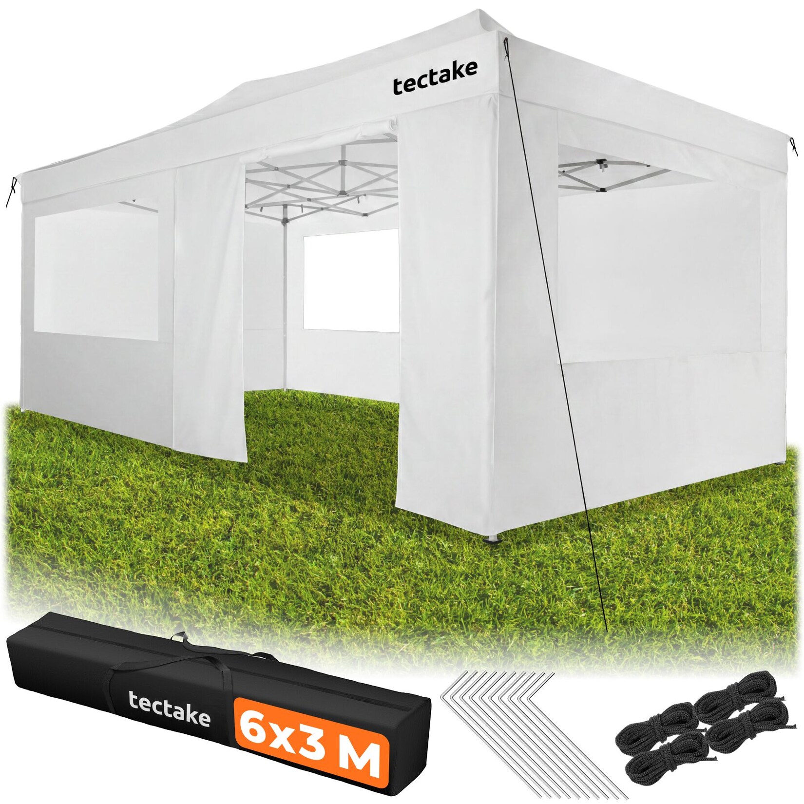 tectake® Aluminium Faltpavillon, 6 x 3 m, wasserdicht, höhenverstellbar, inklusive Spannseilen, Heringen und Tragetasche