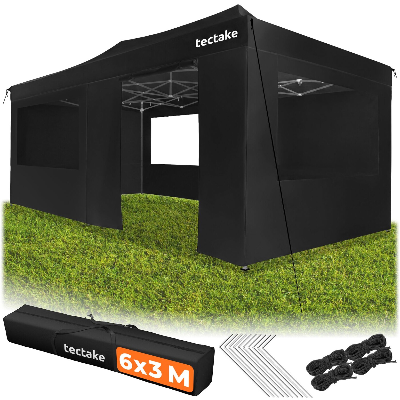 tectake® Aluminium Faltpavillon, 6 x 3 m, wasserdicht, höhenverstellbar, inklusive Spannseilen, Heringen und Tragetasche