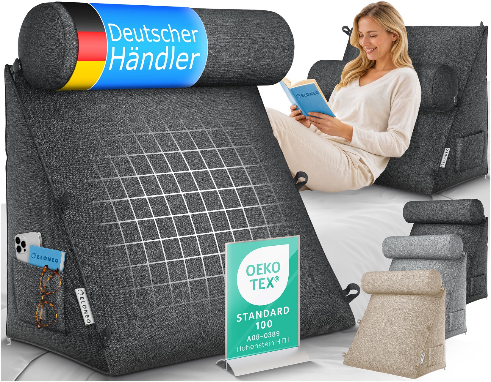 ELONEO Rückenkissen Anthrazit 50 cm breit mit Verstellbarer und Abnehmbarer Nackenrolle, Keilkissen für Bett und Sofa geeignet, dreieckiges Lesekissen, Kissen mit waschbarem Bezug, praktisches Seitenfach