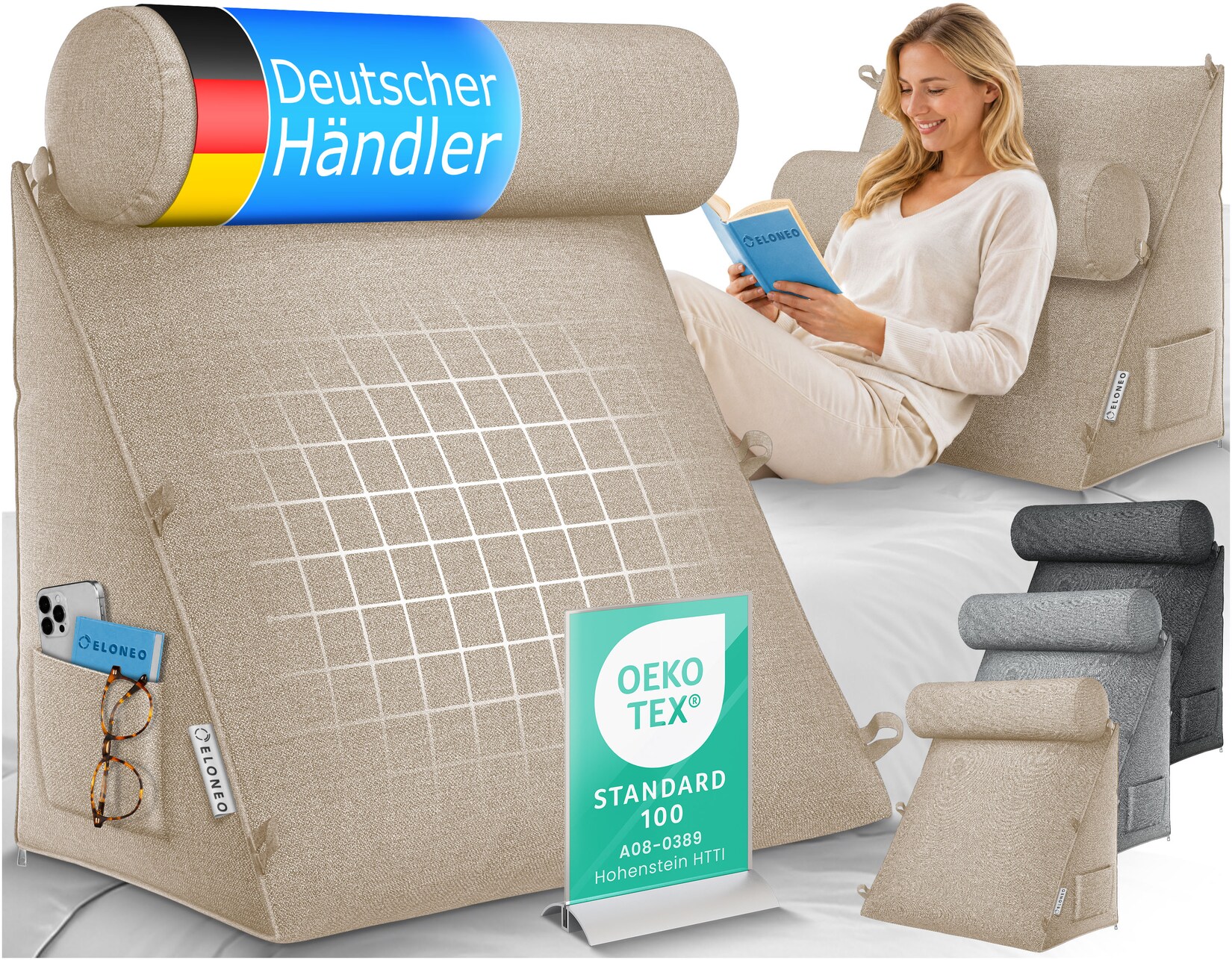 ELONEO Rückenkissen Sand 50 cm breit mit Verstellbarer und Abnehmbarer Nackenrolle, Keilkissen für Bett und Sofa geeignet, dreieckiges Lesekissen, Kissen mit waschbarem Bezug, praktisches Seitenfach