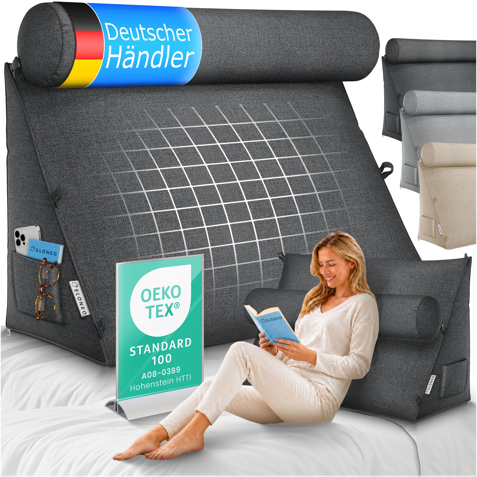 ELONEO Rückenkissen Anthrazit 70 cm breit mit Verstellbarer und Abnehmbarer Nackenrolle, Keilkissen für Bett und Sofa geeignet, dreieckiges Lesekissen, Kissen mit waschbarem Bezug, praktisches Seitenfach