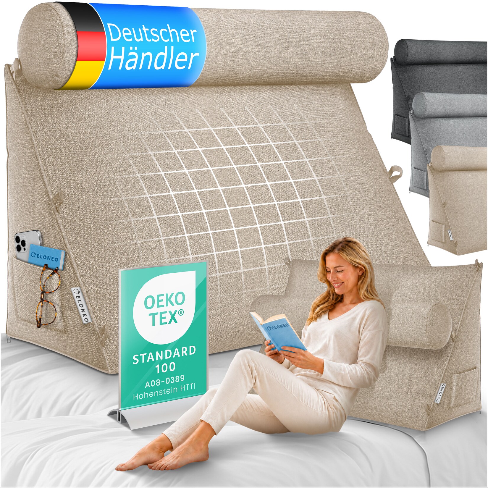 ELONEO Rückenkissen Sand 70 cm breit mit Verstellbarer und Abnehmbarer Nackenrolle, Keilkissen für Bett und Sofa geeignet, dreieckiges Lesekissen, Kissen mit waschbarem Bezug, praktisches Seitenfach